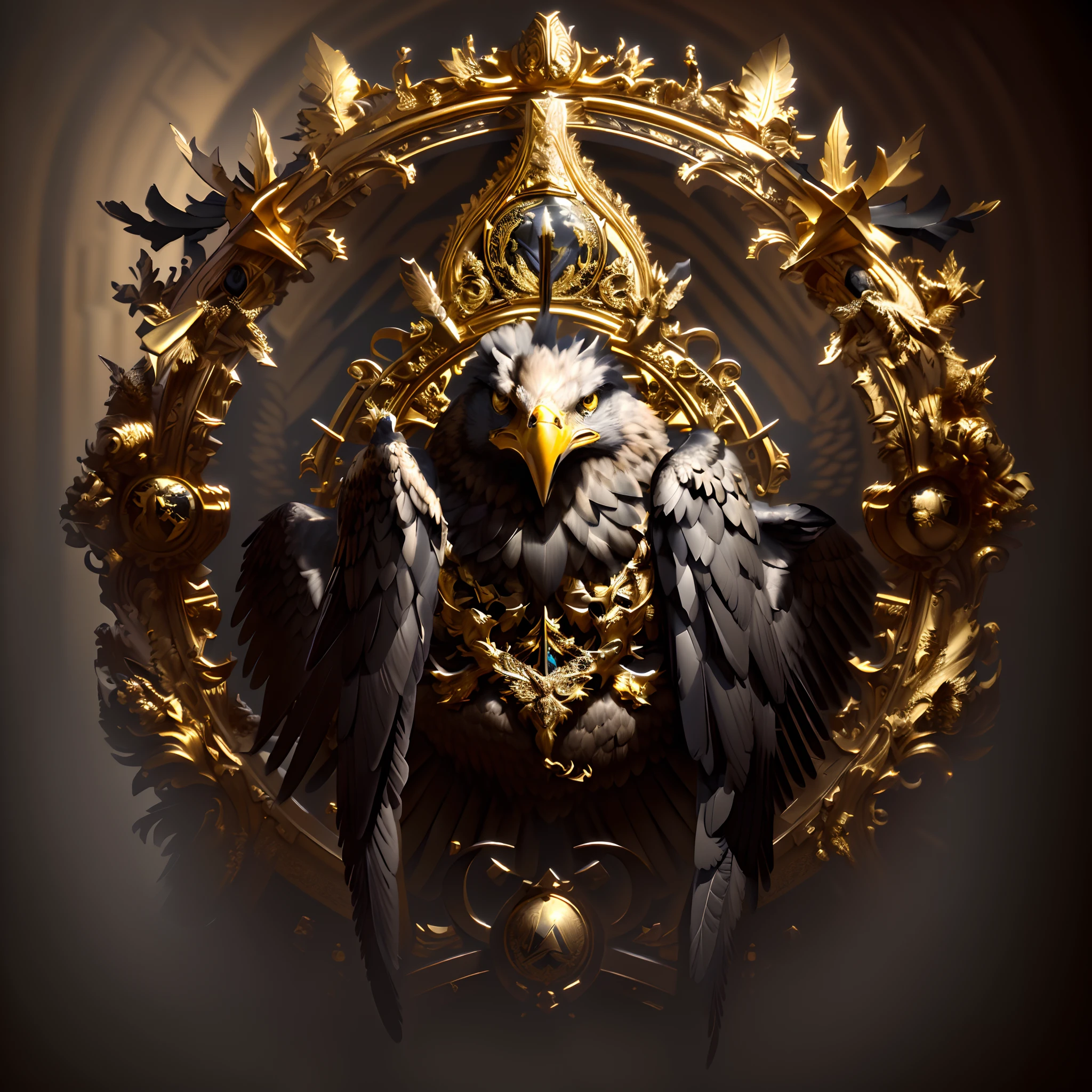 Close-up of gold and black eagle with wings, with an eagle emblem, 8k high quality detailed art, Detailed digital 3D art, intricate wlop, Baroque dark art, ArtStation Masterpiece, emblem of wisdom, Highly detailed Barlow 8K, Detailed 3D Gothic Oil Painting, perched on intricate throne, high detailed official artwork, Glamorous art