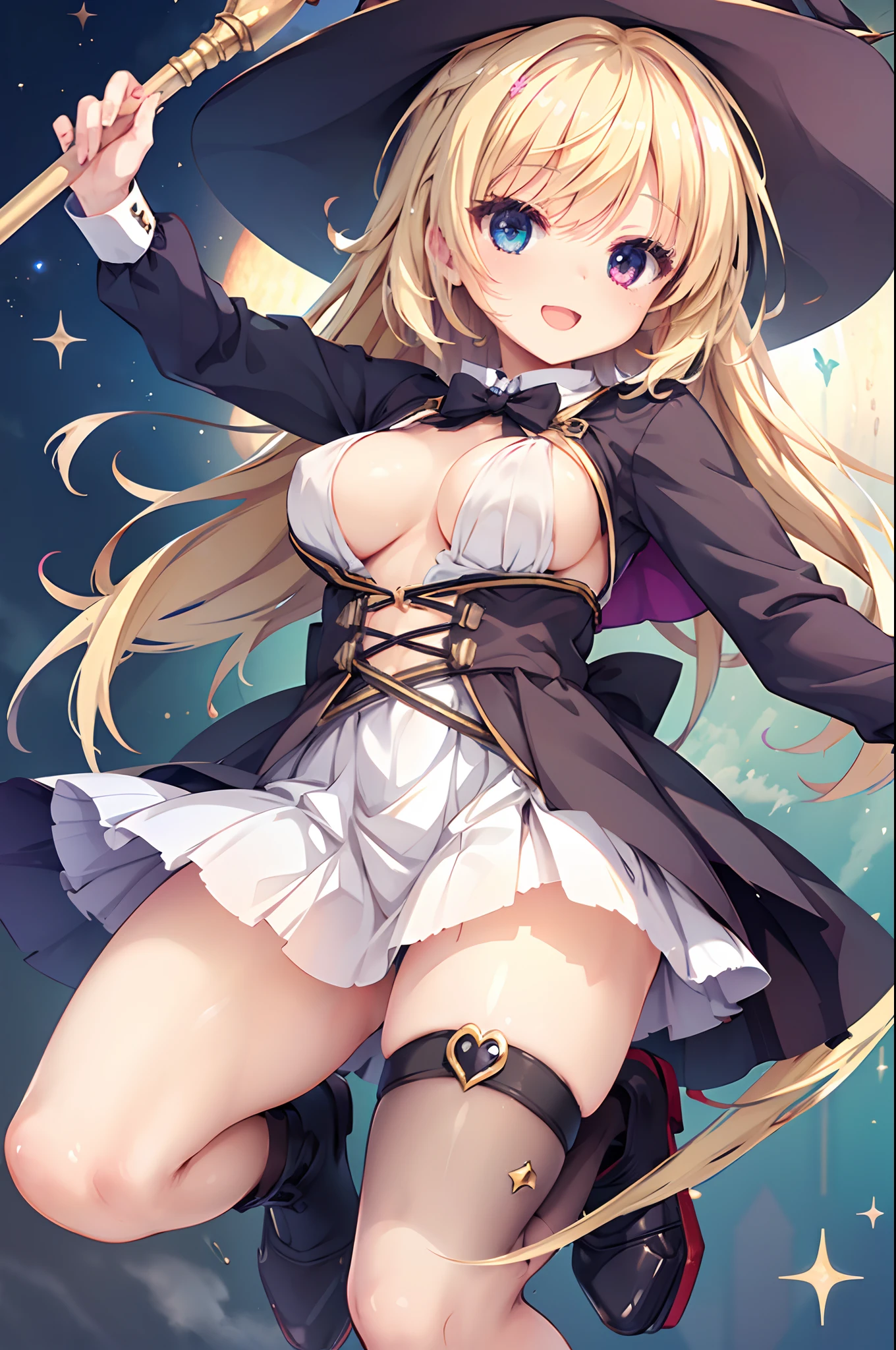 tiny girl,Colossal tits,Smile with open mouth,blondehair,the witch,magical girl costume,Heterochromia,Top image quality,Best Quality