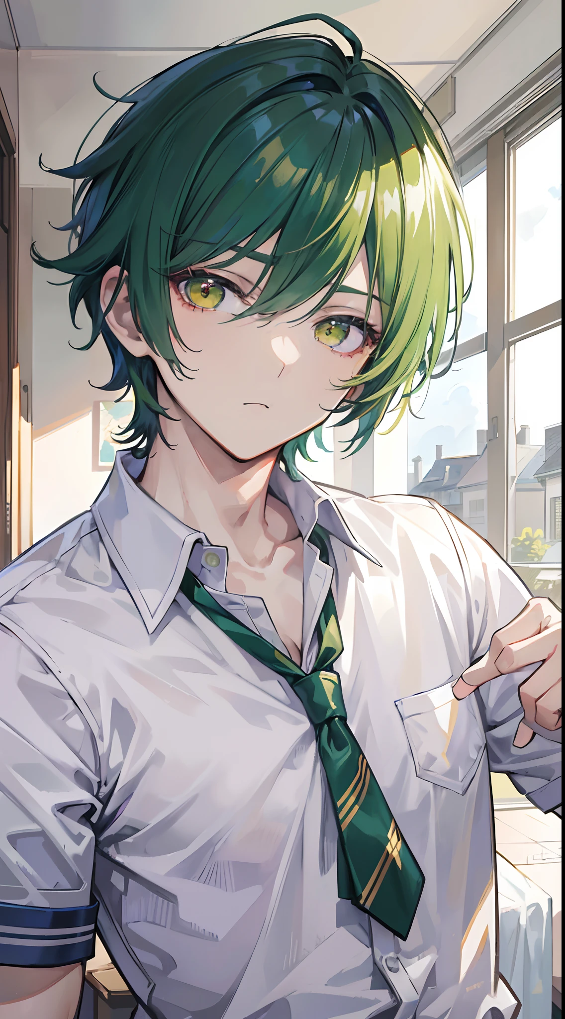 Absurdres masterpiece HDR high quality picture of Handsome boy , handsome face, detailed face, green hair , very Short hair, ((messy cut hair style:1 )) , yellow eyes , light skin , ((muscular:1)),masculine ,age 18 ,
Wearing a school uniform, topless , lying in bed, beautiful background, masterpiece scenery