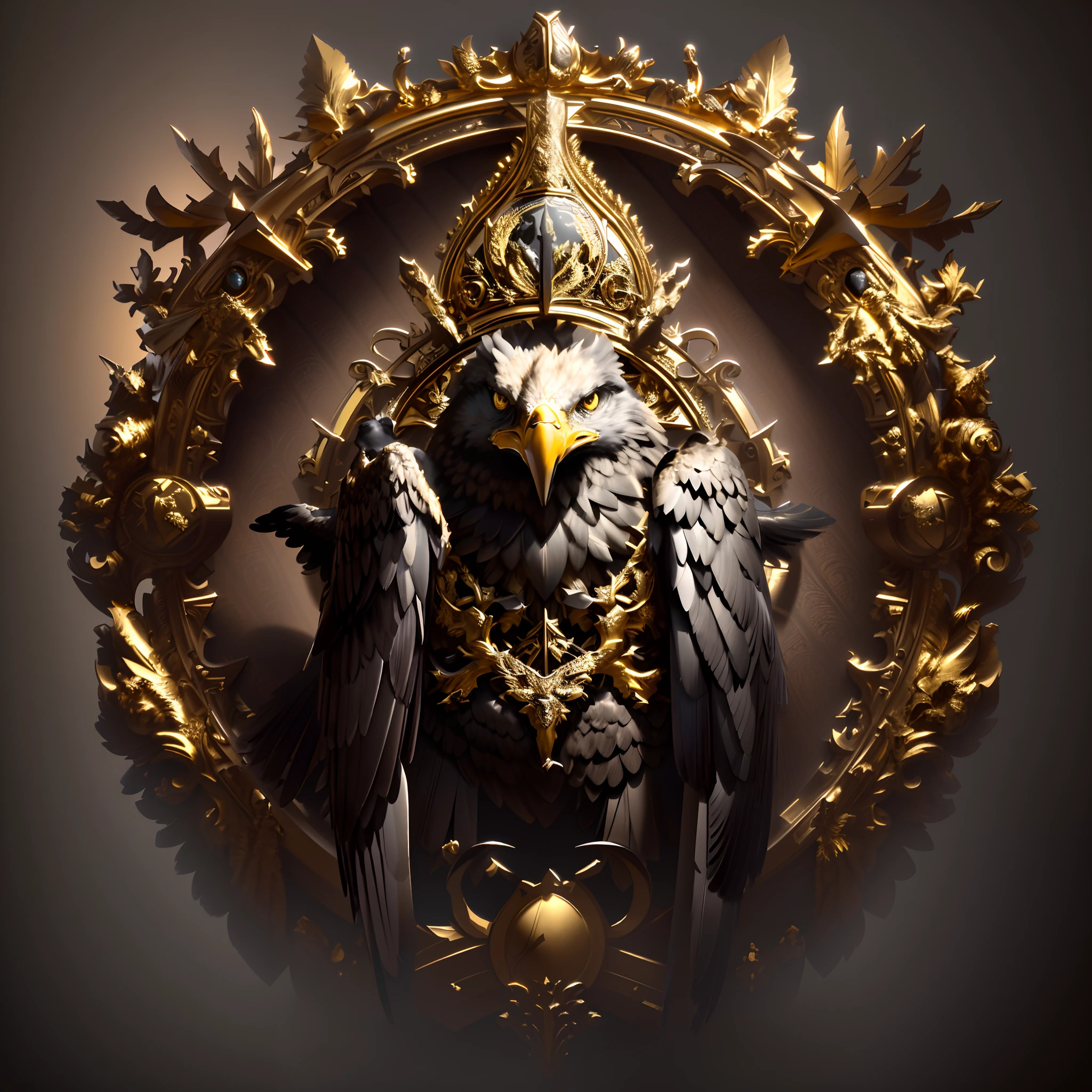 Close-up of gold and black eagle with wings, with an eagle emblem, 8k high quality detailed art, Detailed digital 3D art, intricate wlop, Baroque dark art, ArtStation Masterpiece, emblem of wisdom, Highly detailed Barlow 8K, Detailed 3D Gothic Oil Painting, perched on intricate throne, high detailed official artwork, Glamorous art