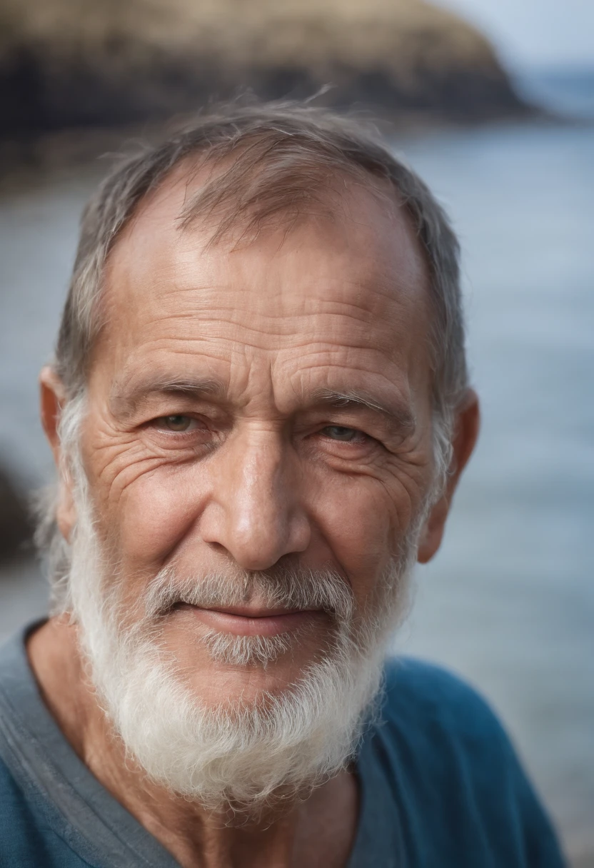 Old fisherman, professional color grading, ombres douces, Pas de contraste, Net net sharpness, Photographie argentique heureux souriant