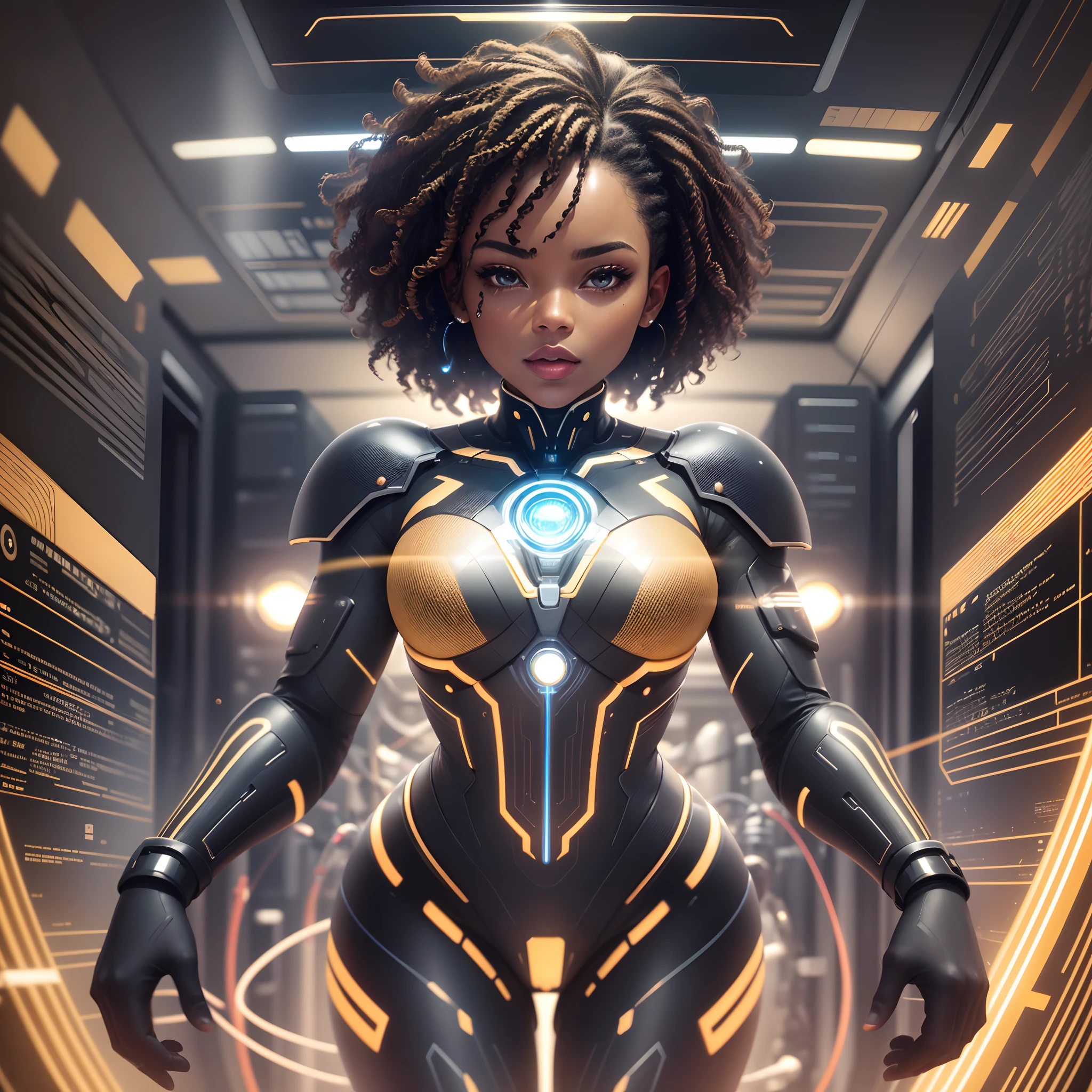 Electronic waves  in shape of a black woman floating inside a computer system, interior of a computer system with waves in shape of a woman, chips and digital codes floating around her, with bright and vibrant golden sparkling light,  with beautiful iridescent light, artgerm style, 32k, ultra HD, unreal engine rendered, hyper-realistic image --auto --s2