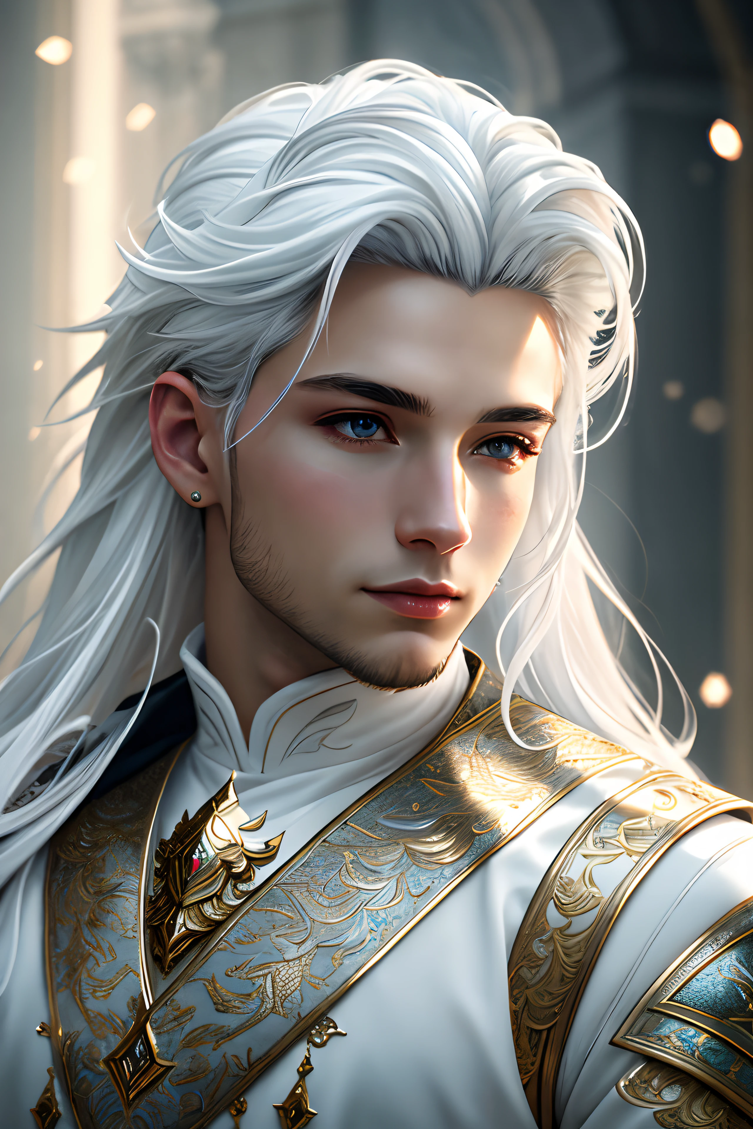 masterpiece, ultra detailed photography of a gorgeous humanoid dragon male, 1guy, (((male))), perfectly drawn face, wearing a luxury white battle armor, luxurious gloves, 8k resolution, photorealistic, ultra-high quality, long hair, king, opulent detailed background, covered navel, 32k, (short white hair), full lips, curvy guy, perfect anatomy, cinematic lighting, intricately detailed, white tetradic color, volumetric lighting, small beard