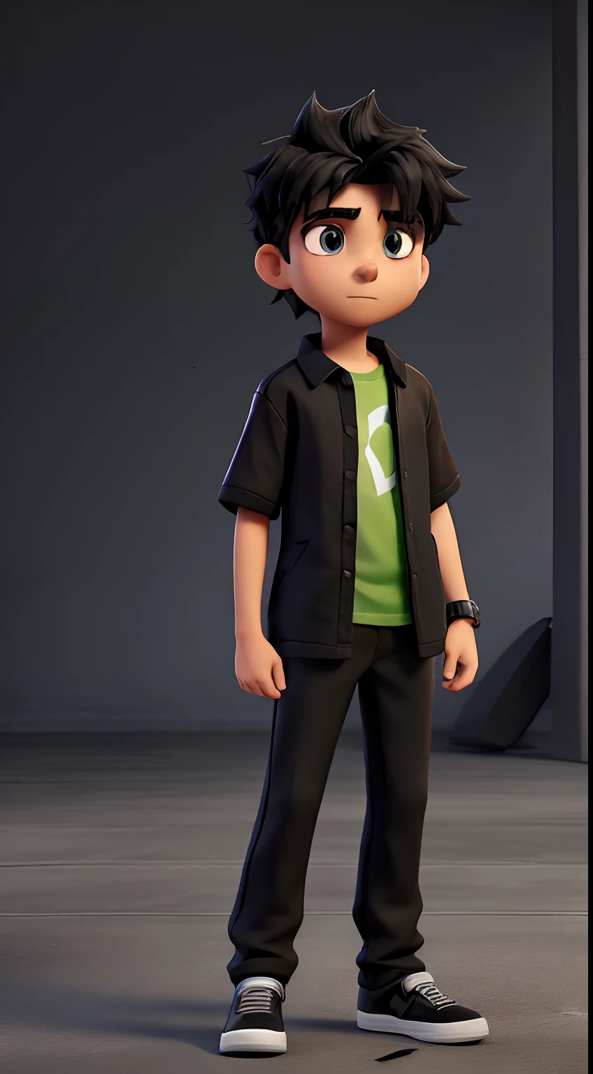 16 year old boy, black hair, black pants, black t-shirt, green long-sleeved dress shirt on top, hair combed to the side, black sneakers with white soles, heroic, courageous look, ready to face an enemy, high resolution, 8k, hard drive , fighting pose