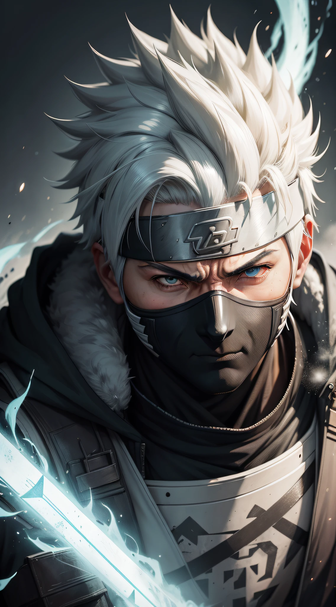 KAKASHI Hatake has become an elemental god with bright light background also clear image, Aquarela, trending on ArtStation, foco nítido, Studio photo, detalhes intrincados, altamente detalhado, Directed by: Greg Rutkowski.