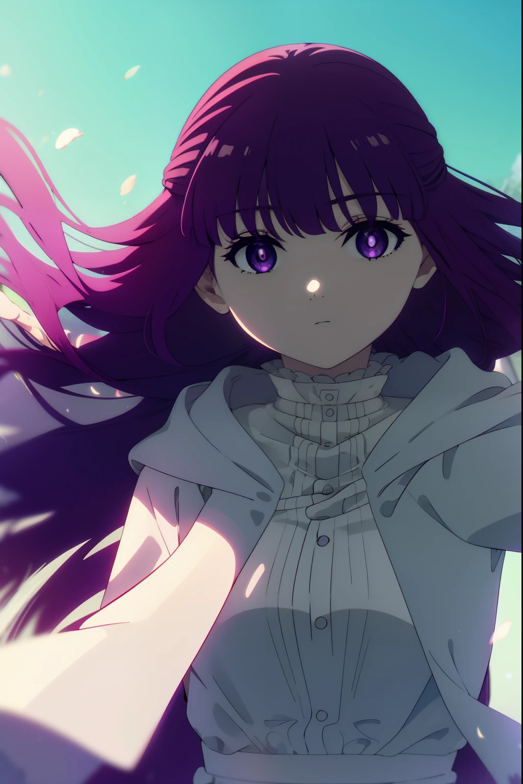 fern, fern, long hair, bangs, (purple eyes:1.1), purple hair, sidelocks, blunt bangs, bright pupils, half updo,
BREAK shirt, dress, jacket, white shirt, open clothes, hood, white dress, hood down,
BREAK looking at viewer, upper body, (full body:1.2),
BREAK outdoors, sky, nature,
BREAK (masterpiece:1.2), best quality, high resolution, unity 8k wallpaper, (illustration:0.8), (beautiful detailed eyes:1.6), extremely detailed face, perfect lighting, extremely detailed CG, (perfect hands, perfect anatomy), (floating over a lake2.0)