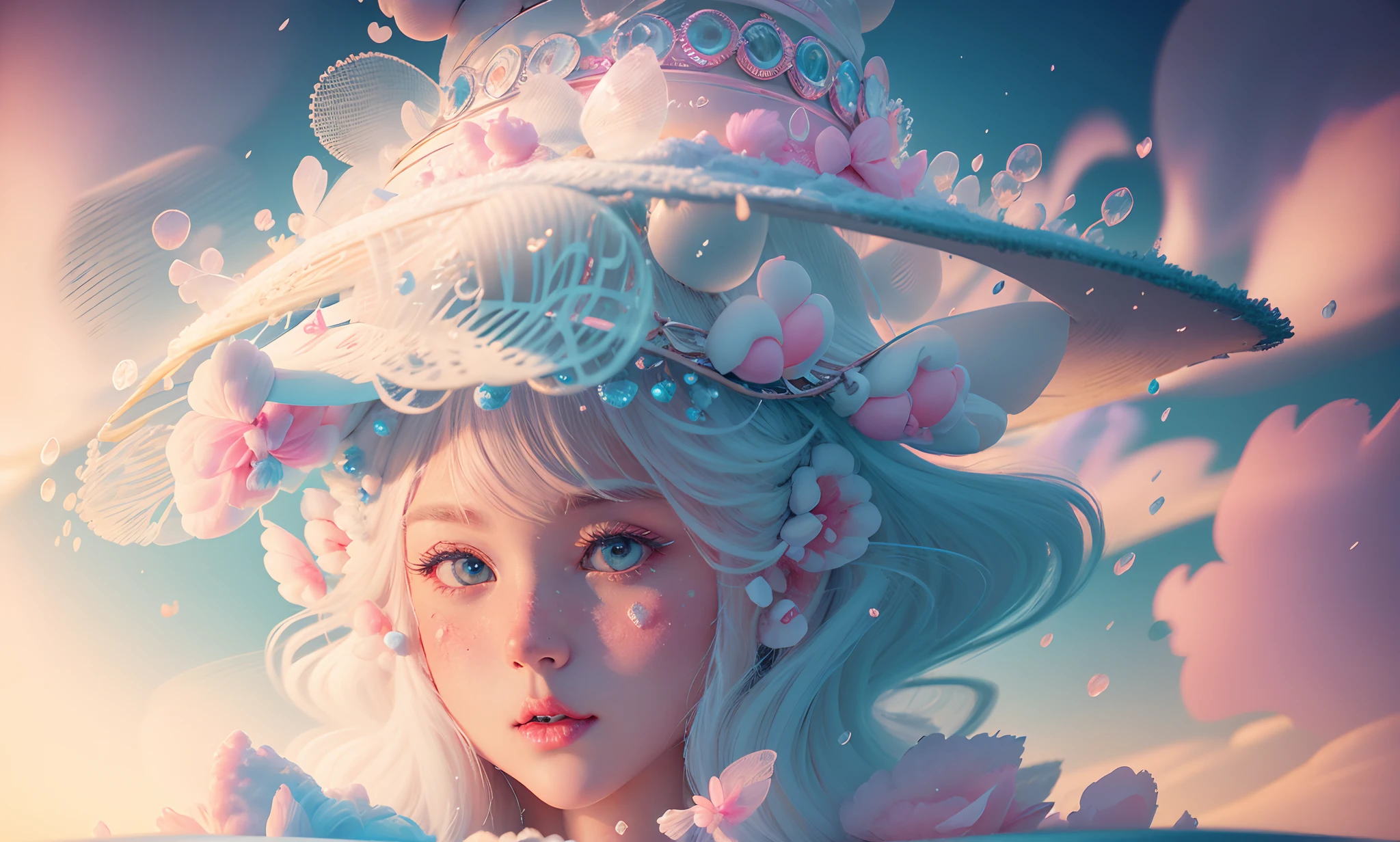 girl riding on top of a fat giant extremely fluffy cute white bunny, fantasy, 8k resolution, old time photographs faded and scratched, white riding boots, beautiful face large blue eyes, pink lips,  large white wide brim hat,  long white flowing riding dress, flat desert lands, 64k resolution, inside a heart shaped bubble a Cotton Candy Queen Women Goddess 8k Resolution Rendered Hyper Realistic Intricate Detail lives in an frosty heart shaped ice bubble, a fanciful place filled with castles, cotton candy, swans lakes and fluffy clouds, An intricate visual representation of computer programing, rendered in 24k resolution with intricate details and symbols.