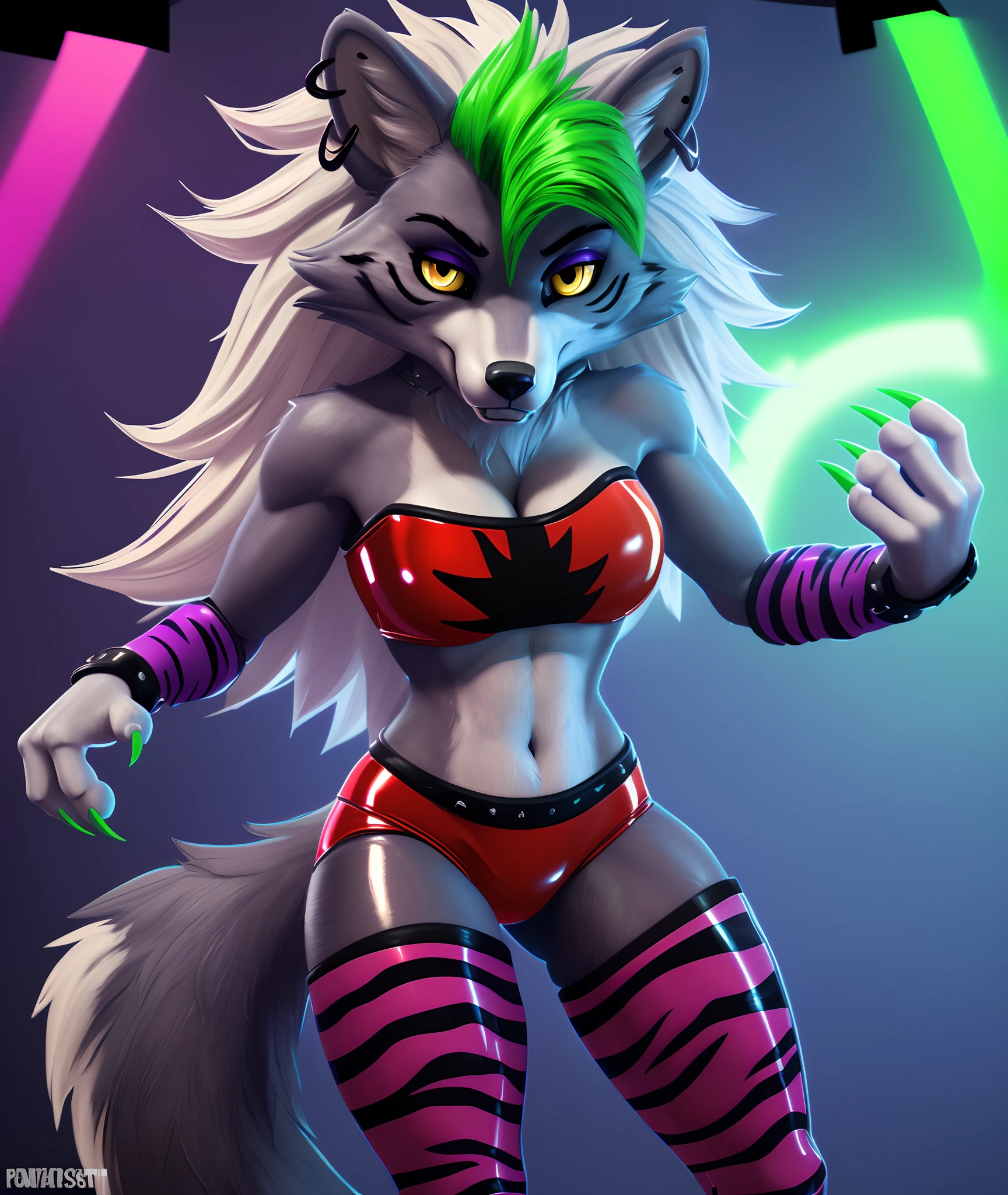 [Roxanne_Wolf], [FNAF:_Security_Breach], [Uploaded to e621.net; (Foxovh), (Pixelsketcher), (mayosplash], ((masterpiece)), ((solo portrait)), ((furry; antrho wolf girl)), ((detailed fur)), ((detailed shading)), ((beautiful render art)), {anthro wolf; grey fur, white belly, (cute yellow eyes), (black pupils), long white messy hair, (green highlighted bang), large boobs, (camel toe), (gorgeous wide hips), (beautiful legs), (beautiful feet), (smug smirk), (sharp fangs)}, {(red latex bandeau), (cleavage), (tight red latex panties), (purple tiger-striped bracers), (purple tiger-striped legwear), (gold earring on right ear), (defined leg muscles)}, {(dynamic pose), (baring claws), (head tilted sideways), (looking down at viewer)}, [background; (studio), (bright neon lights), (ambient lighting)]