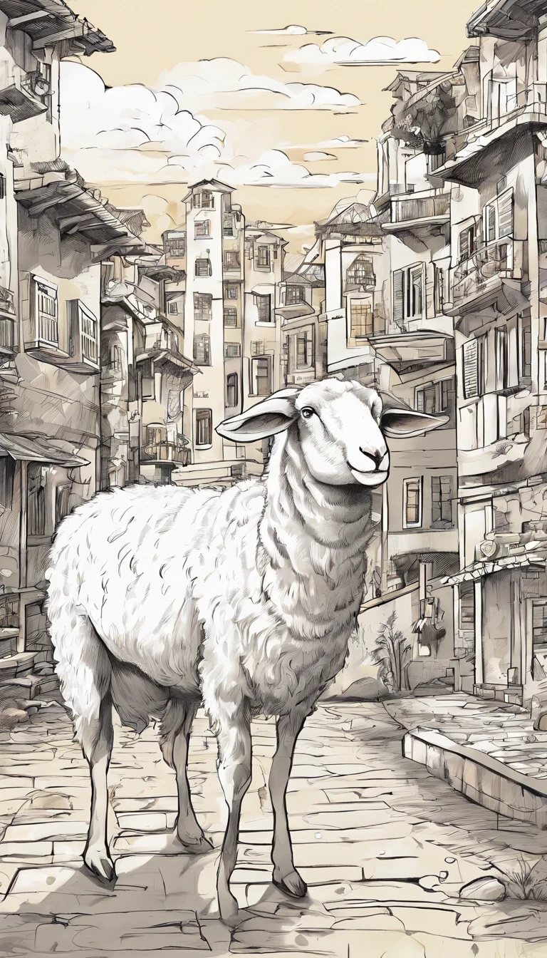 A commercial illustration with a good part in black and white, In the middle of it there is only one white sheep in the spotlight, orelhas pequenas, Normal size neck for its species and very hairy, standing out in the middle of the city due to its beauty. He finds himself alone in a city in which only he exists. A ovelha possui um olhar muito fixo. It set near the center of the city in which the houses are light brown in color without much prominence, estilo bem rustico. The city is portrayed in a natural way, com casas de madeira ao redor. The image should have a natural style with fine strokes and neutral colors, A touch of manga. O cordeiro deve ser representado em detalhes, with his expression demonstrating purity and determination in his task. A imagem deve ser em preto e branco com alta qualidade, with a pencil and ink caricature drawing style, com cores neutras e leves. Certifique-se que a ovelha seja bem branca com aspectos extremamente realista, but not artificial, symbolizing happiness and hope in the face of life's challenges.", 16k