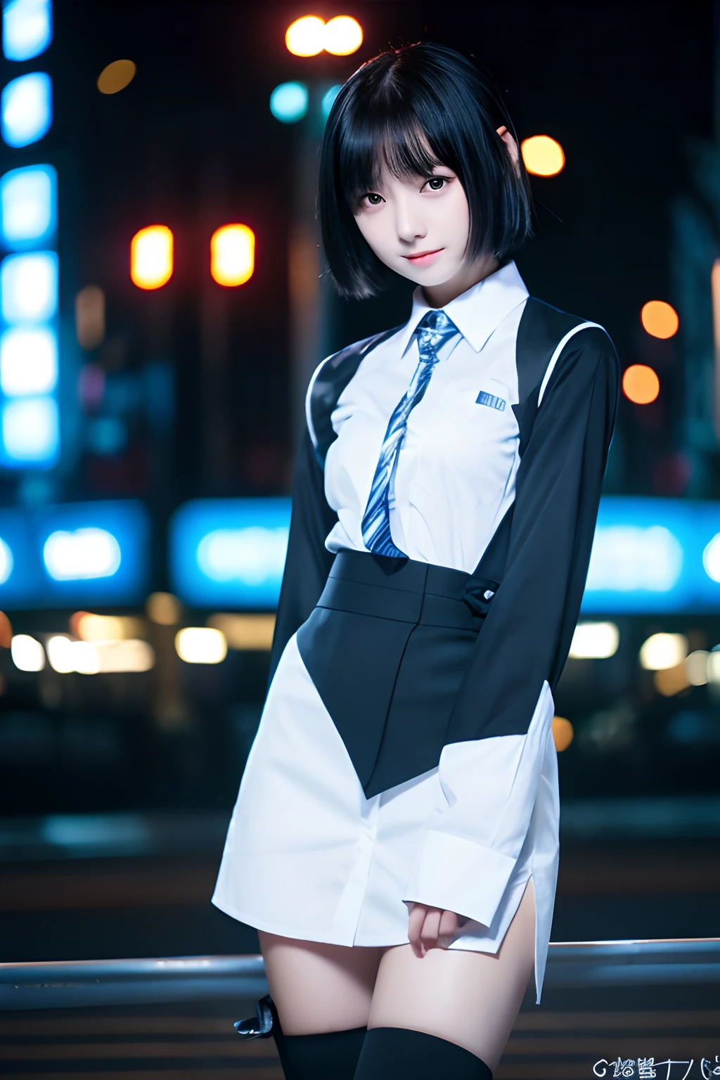 (1girl in),Japan at 25 years old,Medium head of black hair, Black tie,White shirt with long sleeves,Black pants,In the background, it is dark with a cyber factory lit up in blue,Full body photo standing、Amazing face and eyes, ((Best Quality)), (Ultra-detailed), (extremely detailed CG unified 8k wallpaper), Highly detailed, High-definition raw color photos, Professional Photography,Jumping and spreading arms pose