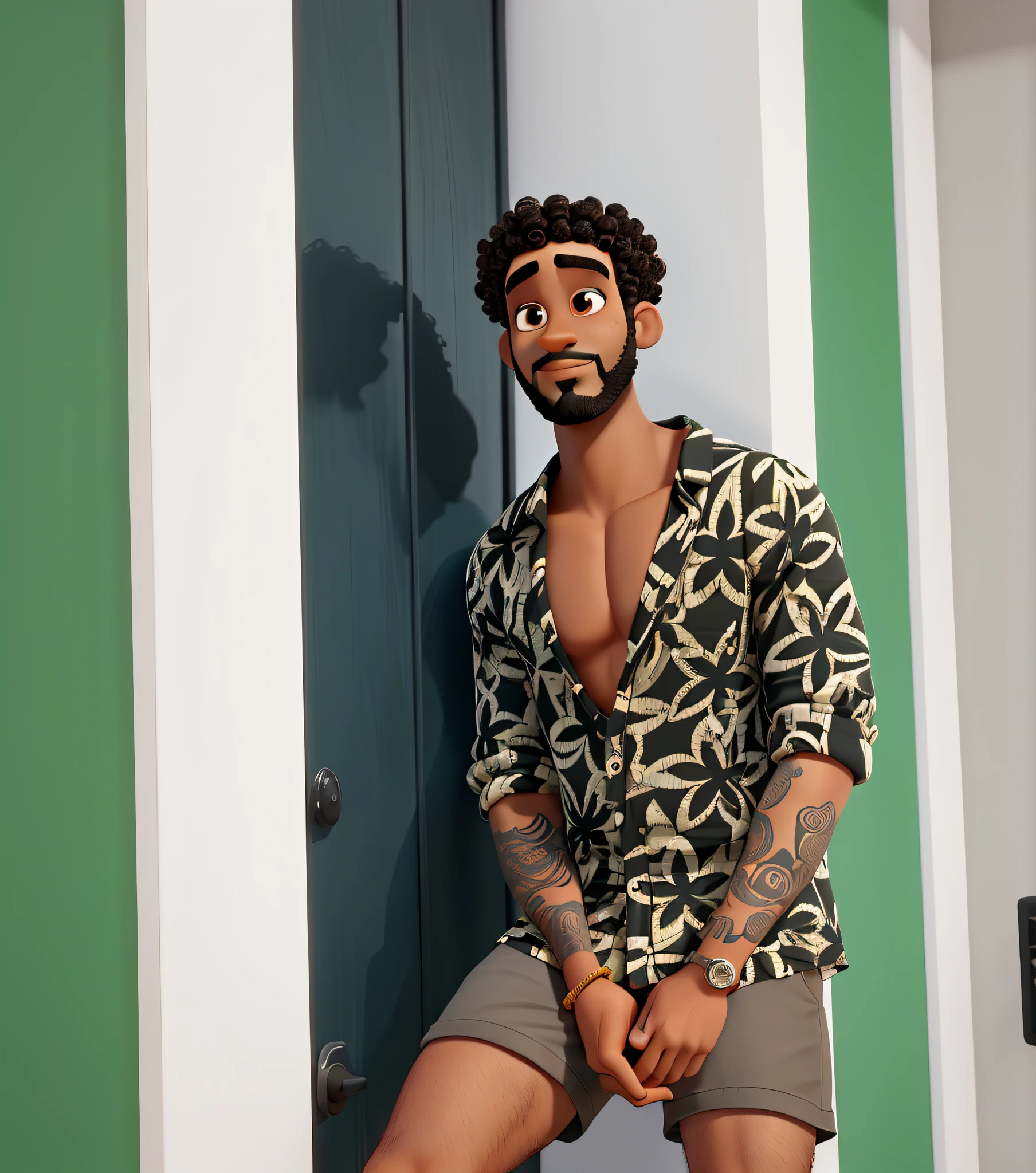 Um homem negro com barba curta, Short curly hair and fine face features Disney Pixar style, alta qualidade, melhor qualidade