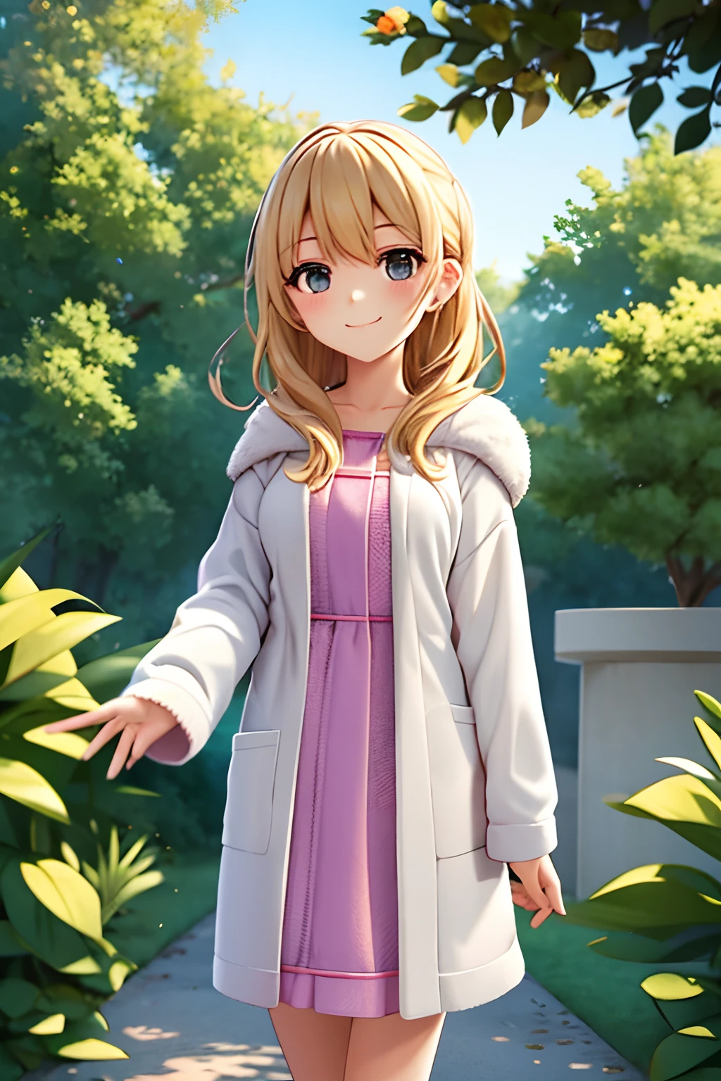 a blond, lightsmile, ((((Cute)))), 1 beautiful girl,(bathrobe),(Trip) ,Beautiful background,(Colored leaves),evening,Sunlight,Best Quality,superfine illustration