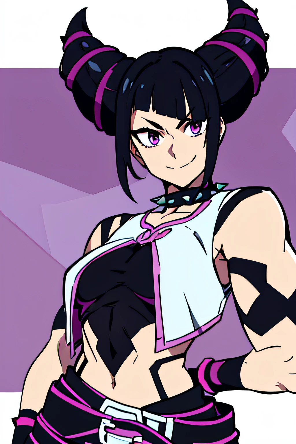 Juri , black hair, two tone hair, hair horns, purple eyes, spiked bracelet, spiked collar, fingerless gloves, white vest, black leotard, pants, belt, toeless legwear, 1girl, solo, upper body, facing viewer, looking at viewer, evil smile.