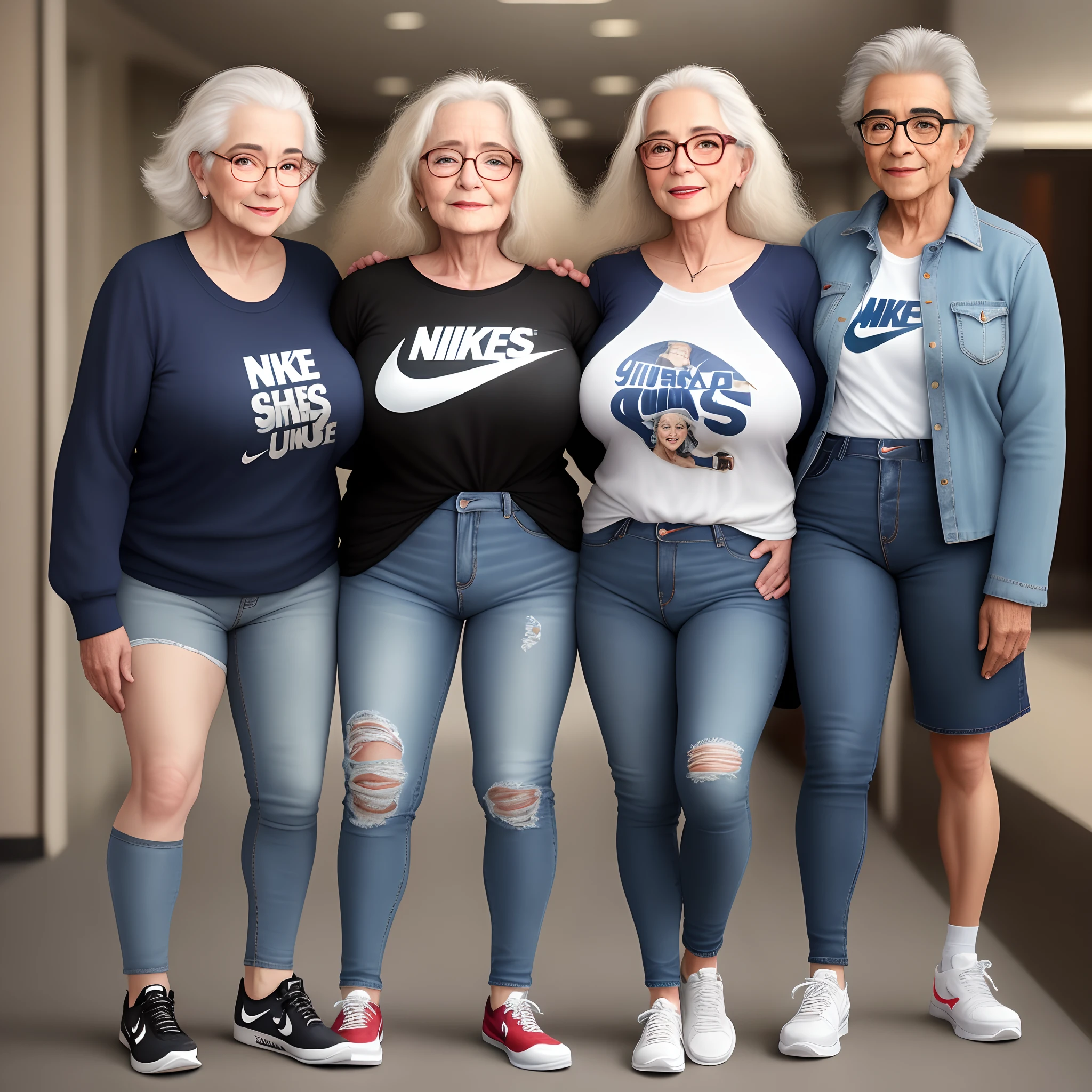 Mulher de 60 anos com seios grandes usando apenas um par de jeans, sneaker, Nike, glasses, NSFW nude