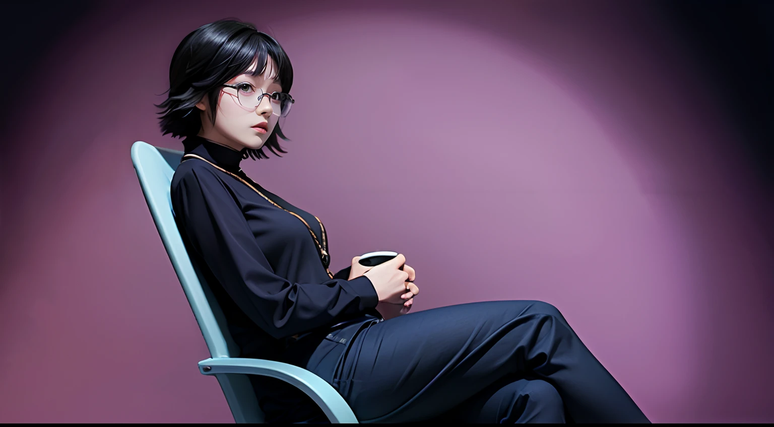 shizuku_murasaki, sitting on a chair, colorful background