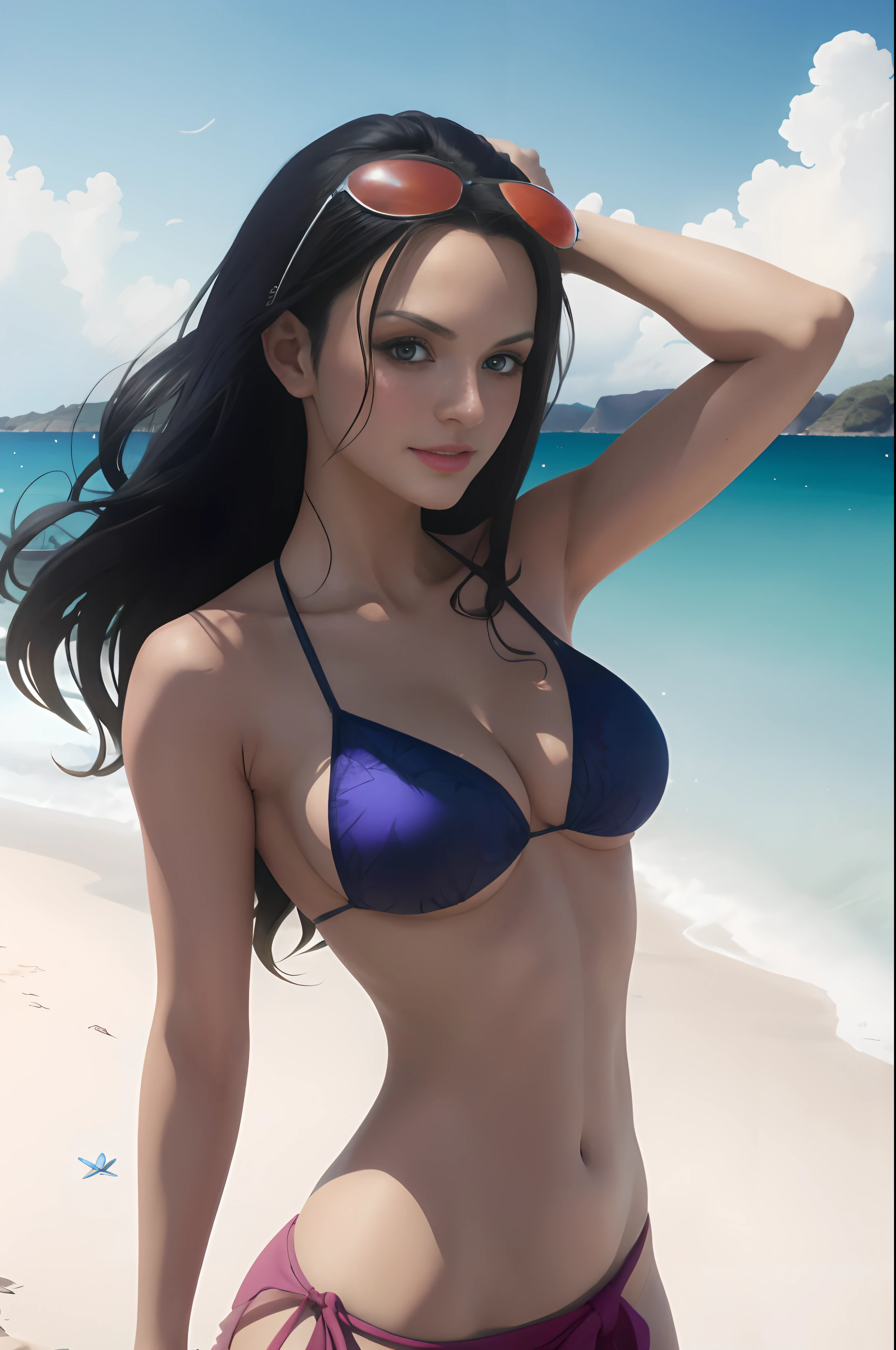 Hay una mujer en bikini posando en la playa, Nico Robin, Artgerm extremadamente detallado, Artgerm. Anime illustration, Ilya Kuvshinov. 4 mil, Artgerm e Ilya Kuvshinov, Ilya Kuvshinov y Artgerm, Gama Murata y Artgerm, Estilo Artgerm, Como Artgerm