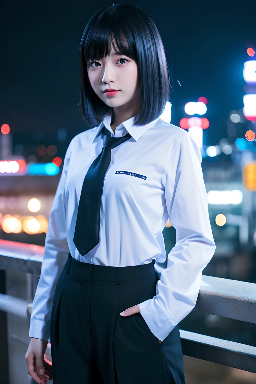 (1girl in),Japan at 25 years old,Medium head of black hair, Black tie,White shirt with long sleeves,Black pants,In the background, it is dark with a cyber factory lit up in blue,Full body photo standing、Amazing face and eyes, ((Best Quality)), (Ultra-detailed), (extremely detailed CG unified 8k wallpaper), Highly detailed, High-definition raw color photos, Professional Photography,