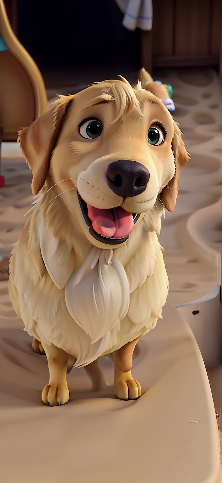 A yellow golden retriever dog with beach background in disney pixar style