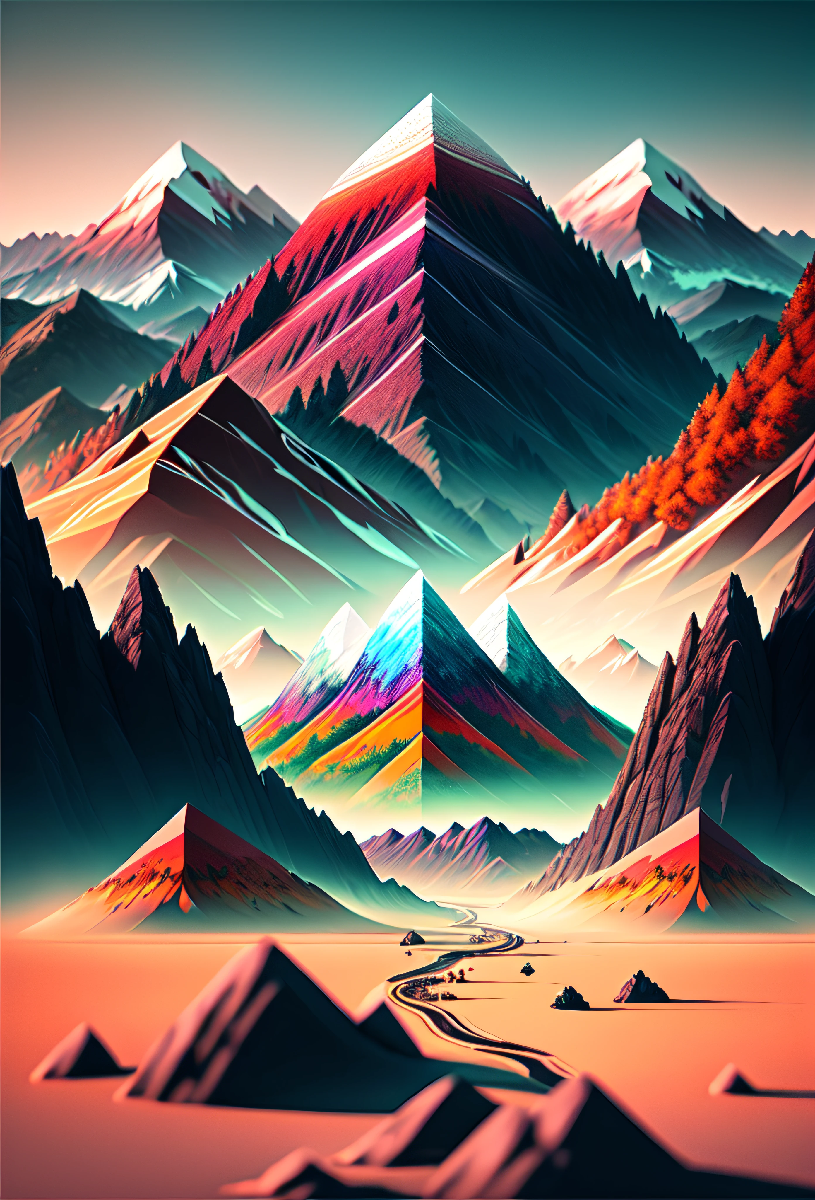 A stunning view of the mountains from the perspective of a giant, colourful, 8K, ultra realistic, highly detailed, octane render, unreal engine, symmetrical, insane lighting, studio photo, amazing view, unreal 5, isometric, digital art, smog, pollution, toxic waste, chimneys and railroads, 3 d render, octane render, volumetrics, by greg rutkowski