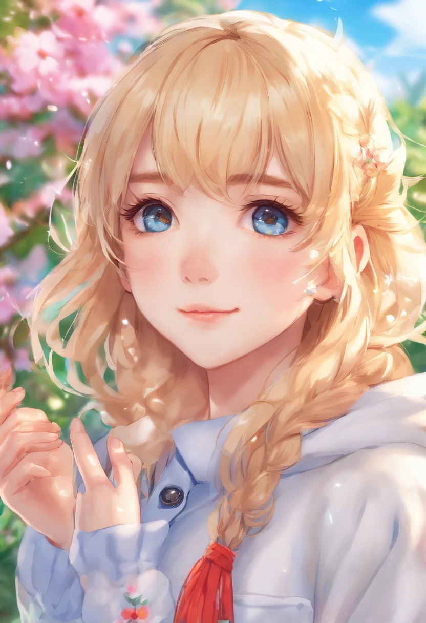 Best image quality, 4K, Masterpiece, Teenage males, White and tender skin, Short blonde hair, Fluffy hair, Blue eyes, green color，Slightly mature, Lovely and soft, Young, pious eyes, Exquisite Hair, Look at the lens, Face focus, Smile, Delicate facial features, Front lighting, Front light source, portraiture, Face magnification, facial closeups, Above the shoulder, Lovely feeling, A great pose to capture the line of sight, Portrait painting effect, Blue sky and white clouds, rosette