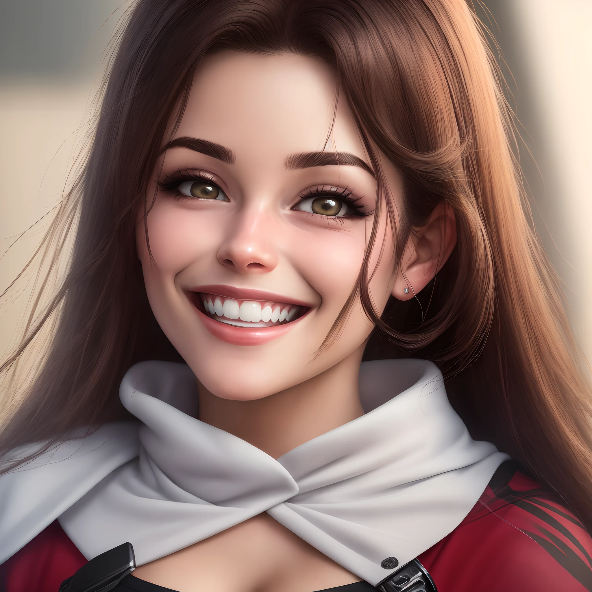 Uma mulher apontando para a esquerda com um sorriso no rosto