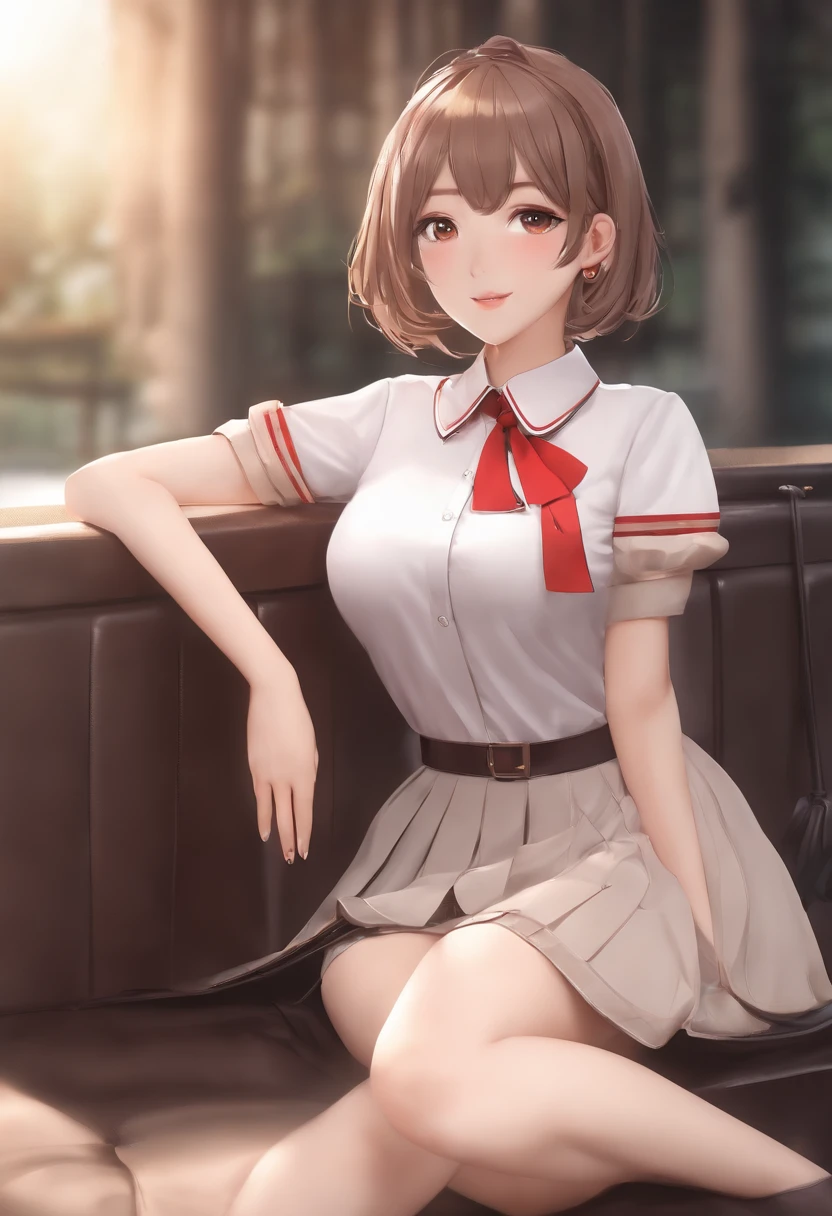 masterpiece, top-quality, masterpiece, top-quality, Official art ,the Extremely Detailed CG Unity 8K Wallpapers, (Shorthair、Colossal tits、Japanese student uniform、shirt with collar、neck tie、adult-like、Short pleated skirt), (musculature:1.2), vaginal, 1girl in