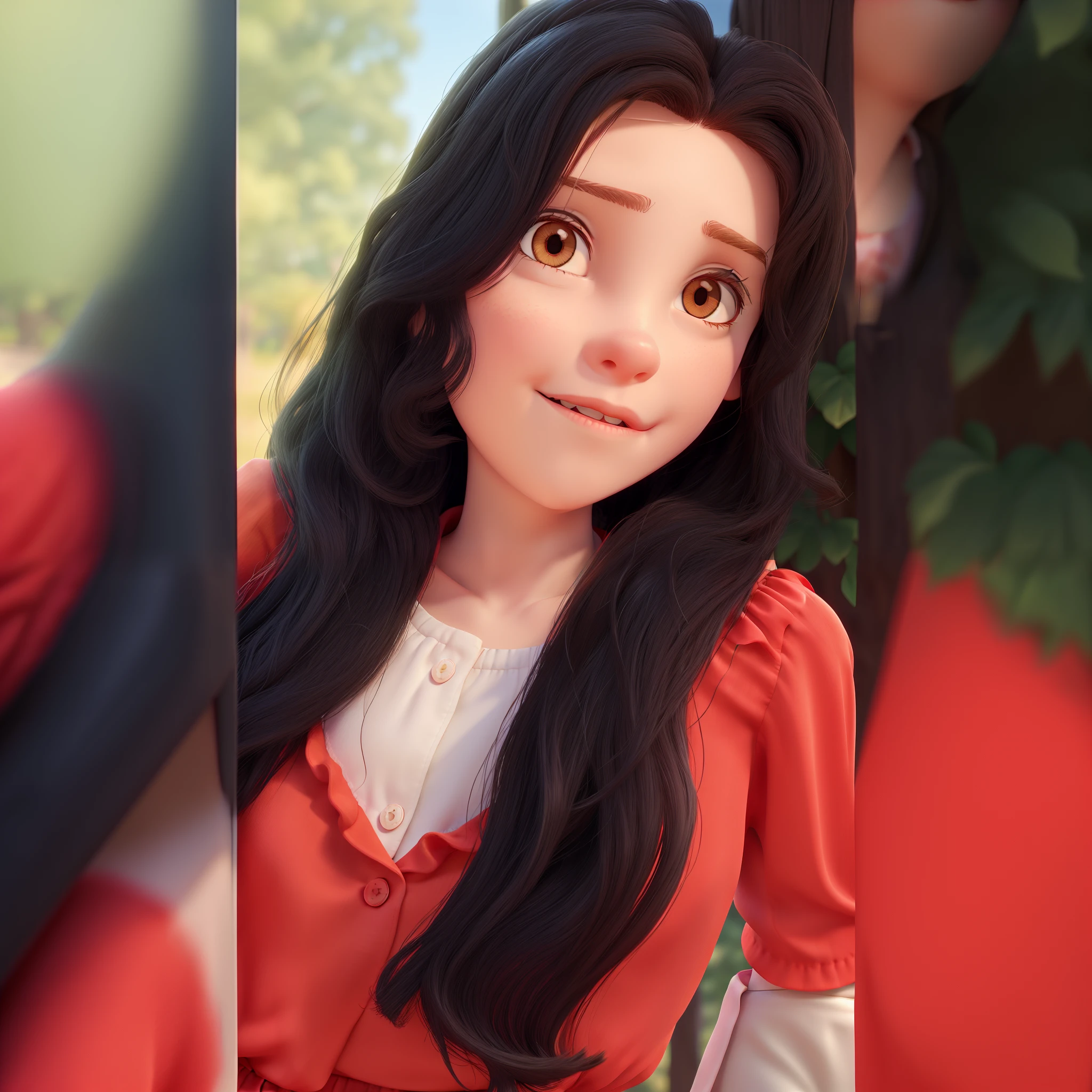 Young girl in red blouse leaving home on sunny day