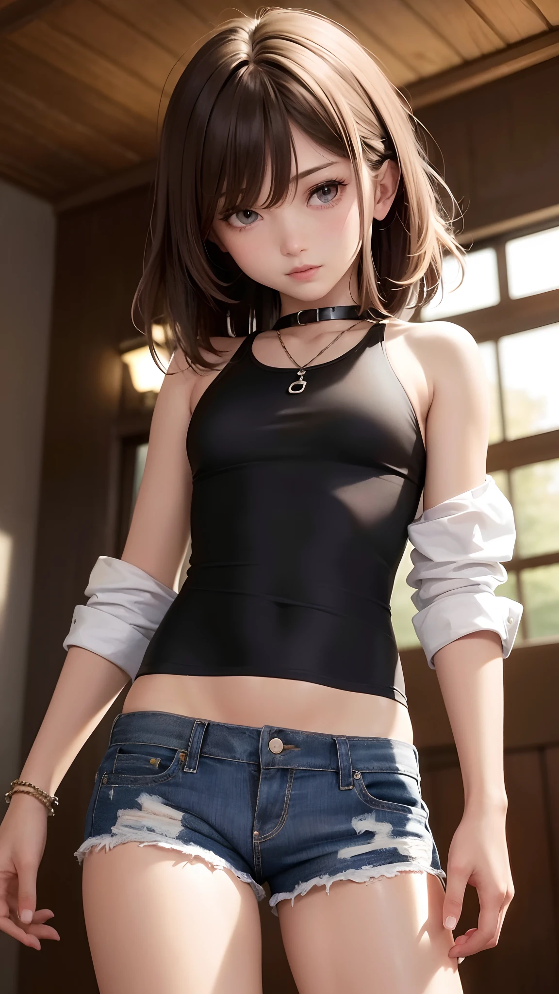 ((medium breast, tomboy girls, small head)), daylight, sunlight, (chiseled abs : 1.1), (perfect body : 1.1), (short wavy hair : 1.2) , auburn hair, collar, chain, full body shot, crowded street, wearing black tanktop, jeans jacket, ((shorts)), (extremely detailed CG 8k wallpaper), (an extremely delicate and beautiful), (masterpiece), (best quality:1.0), (ultra highres:1.0),  beautiful lighting ,perfect lightning, realistic shadows, [highres], detailed skin, ultra-detailed