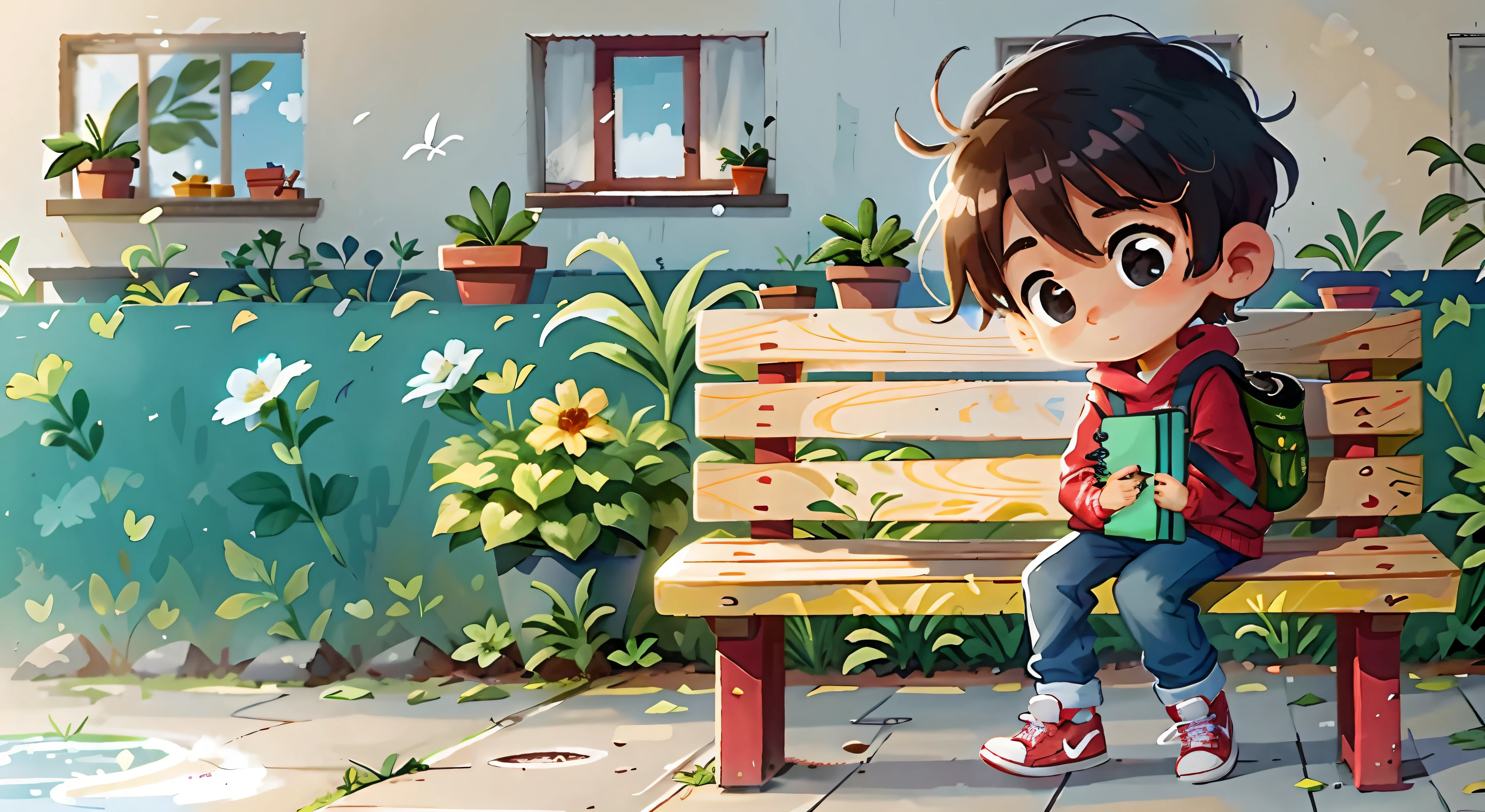 About the price, An adorable 8--old is sitting on a yellow wooden bench in the schoolyard. Seu cabelo liso e castanho, com uma franja fofa, cai suavemente sobre a testa, Keeping your head tilted, expressando tristeza em seu rosto. He wears a cozy red sweatshirt and blue jeans, along with a pair of comfy sneakers. Sua pele escura contrasta com suas roupas coloridas. Ao fundo, The green courtyard with grasses stretches, destacando um poster vibrante e alguns arbustos. A wall with windows adds an erudite touch to the scene. The atmosphere is calm and quiet, As the boy reflects on his own world of emotions, triste sem alegria, sofrendo