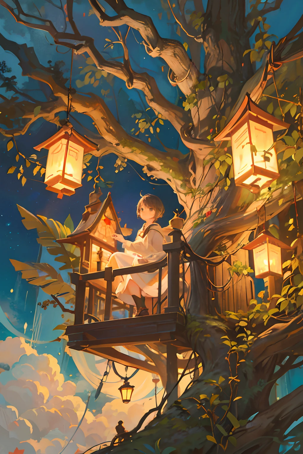 Create a captivating illustration of a treehouse nestled among the branches of a tall tree. Wooden buildings、It is decorated with the light of a warm lantern, It creates a nostalgic atmosphere that envelops the entire scene. In the Treehouse, You can see a group of young boys and girls, Their faces were shining with excitement.、I enjoy the space as if it were a secret sanctuary. The atmosphere is capricious, Evoke wonder and nostalgia, Capture the essence of a laid-back childhood adventure.