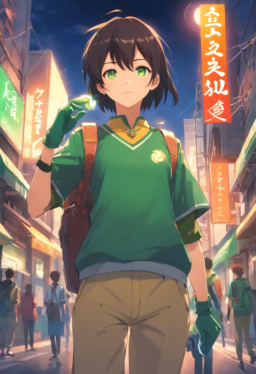 1man, tall, green eyes, black hair, green cap with yellow lines and a cherry in the center, green school clothes with sleeves tucked in with an opening on the chest, red shirt, golden coffin-shaped necklace, gold chain with a sun and a moon attached to the chest of the shirt and the collar of the shirt, fingerless gloves