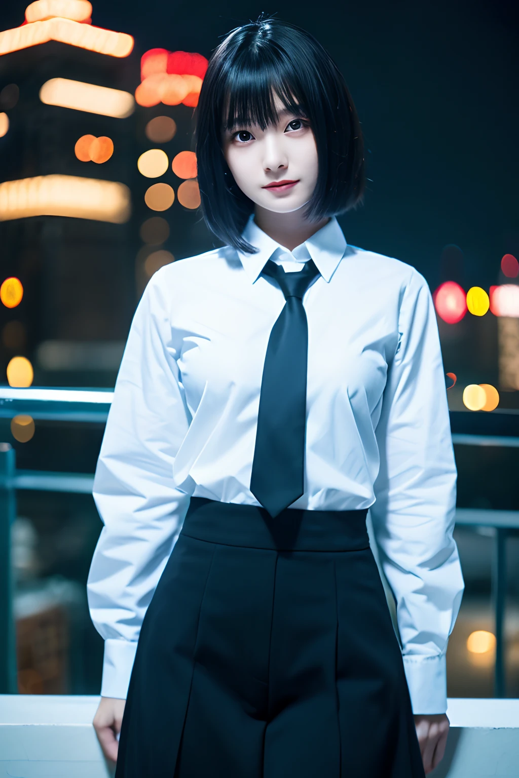 (1girl in),Japan at 25 years old,Medium head of black hair, Black tie,White shirt with long sleeves,Black pants,In the background, it is dark with a cyber factory lit up in blue,Full body photo standingăAmazing face and eyes, ((Best Quality)), (Ultra-detailed), (extremely detailed CG unified 8k wallpaper), Highly detailed, High-definition raw color photos, Professional Photography,