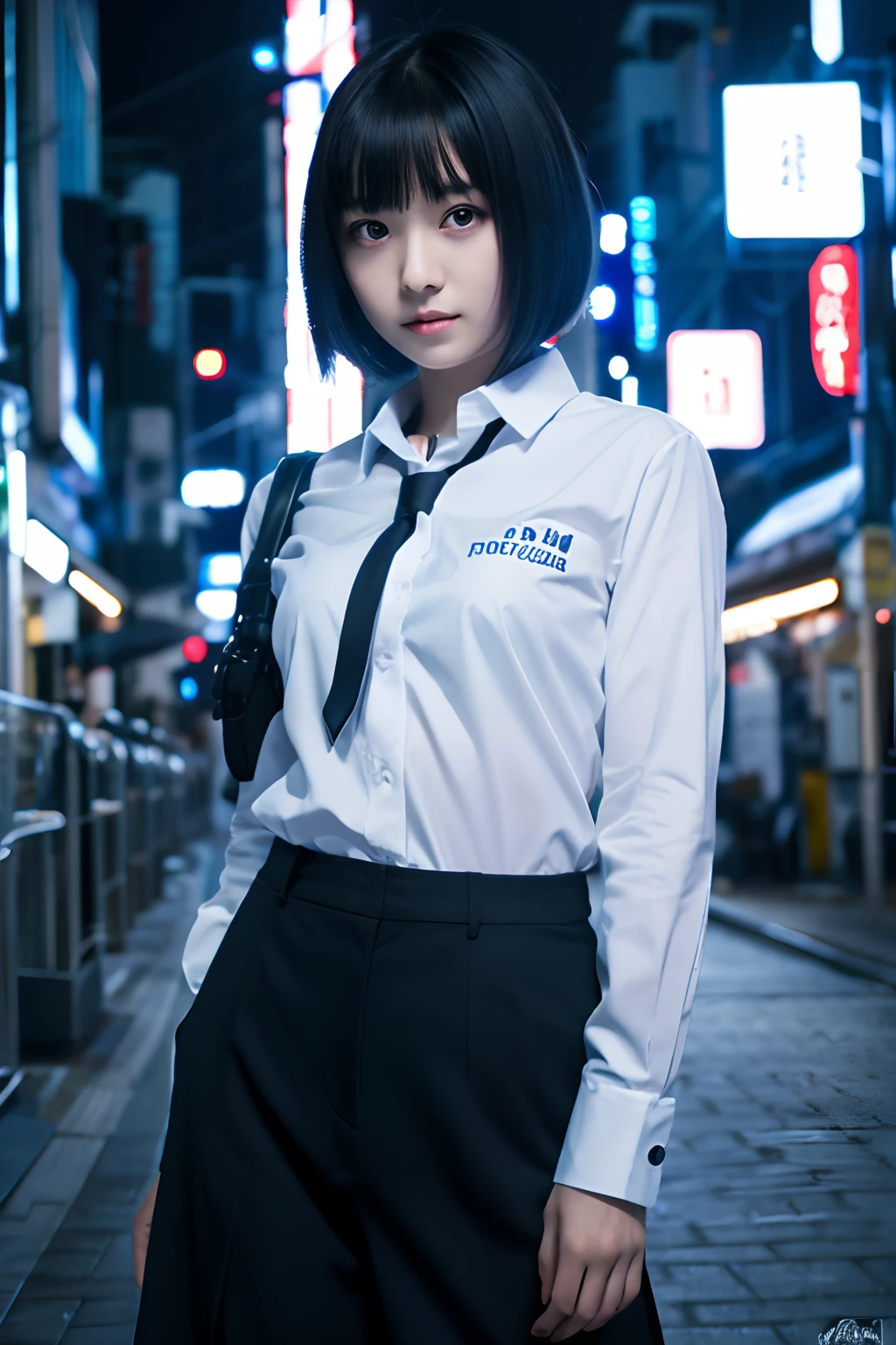 (1girl in),Japan at 25 years old,Medium head of black hair, Black tie,White shirt with long sleeves,Black pants,In the background, it is dark with a cyber factory lit up in blue,Full body photo standing、Amazing face and eyes, ((Best Quality)), (Ultra-detailed), (extremely detailed CG unified 8k wallpaper), Highly detailed, High-definition raw color photos, Professional Photography,