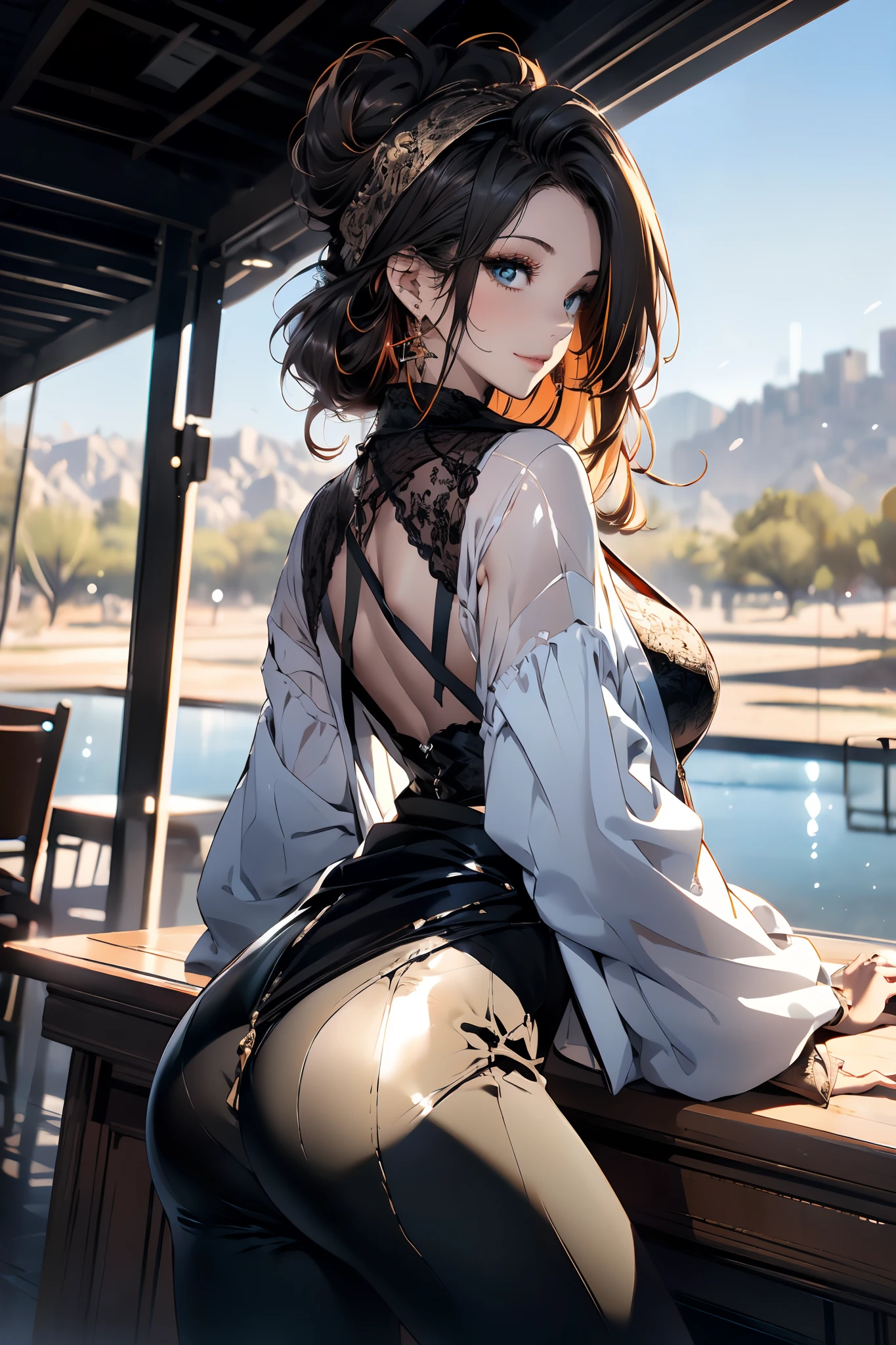 a matured woman with long black hair and a white outfit, (in a desert:1.5), (resting in oasis:1.2, in front of lakeside:1.2, cross-legged:1.1), Arabic, (Post apocalyptic:1.0), from arknights, artwork in the style of guweiz, bodyesbian, fine details. girls frontline, beautiful anime illustration, from girls frontline, by Yang J, stunning, 26 years old, (solo:1.5), (sfw:1.25), sagging , large , big , thin waist, big , Raised , (dark mahogany medium short hair, updo, hair over one eye, asymmetric hair, Carly hair, low tied),(musulman, white Headscarfs, hair bands, head vandage, Turban), (ultra high resolution, 8K RAW photo, photo realistics, weak outline:1.3, clear focus), best qualtiy, natural lighting, blurry back ground, field depth, (Bright pupils, detailed beautiful eyes, high detailed face), Red lip, looking at viewers, ( focus:1.2, from above),  posing,  weak smiling, center image, (wearing white long jacket and clothes, wearing white robes, platinum ornaments, white clothes rolling around waist, camel-brown long leather boots, translucent lace pantyhose), ((correct :1.5)), ((outdoor:1.2)),