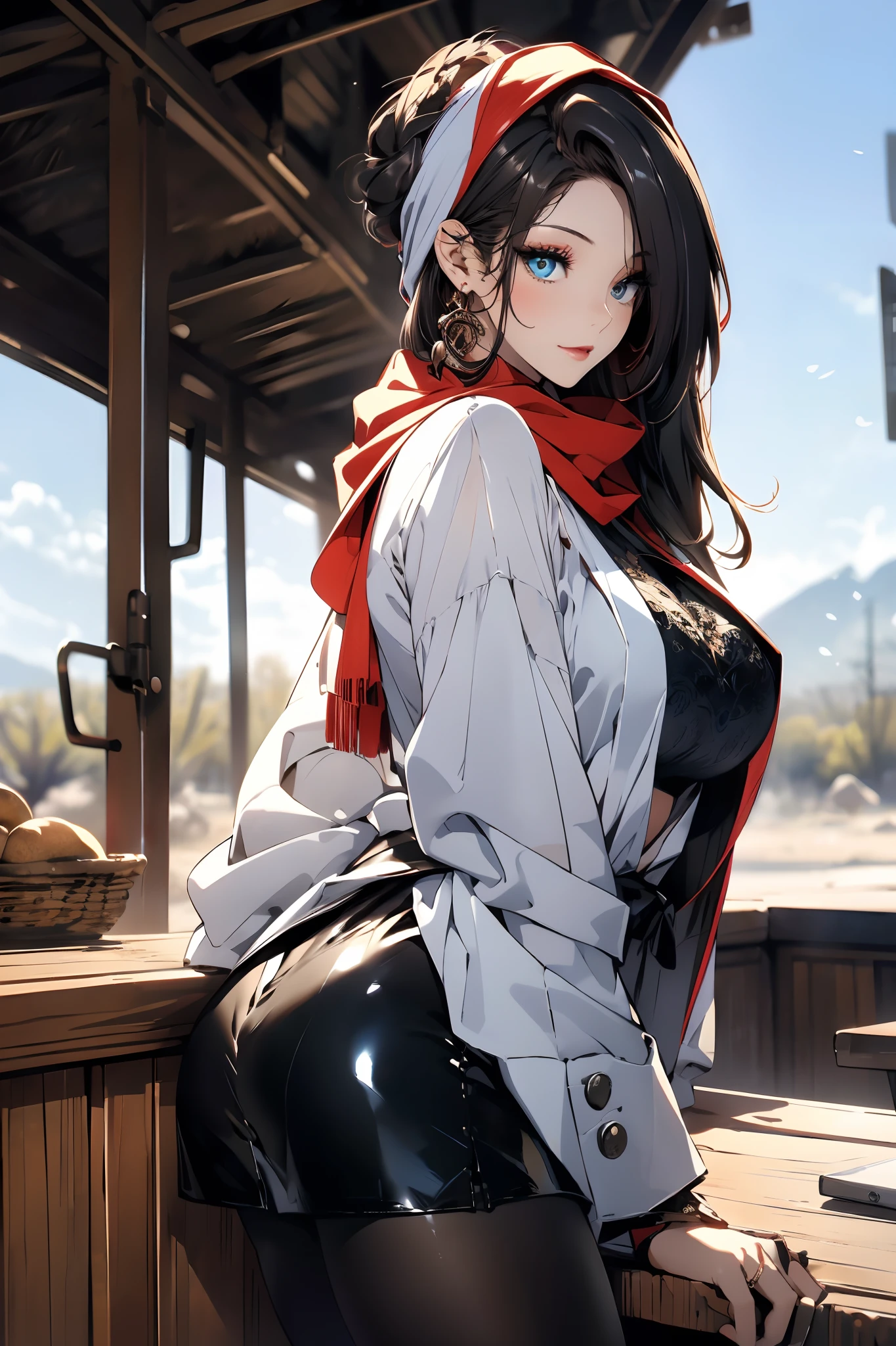 a matured woman with long black hair and a white outfit, (in a desert:1.5), (resting in oasis:1.2, in front of lakeside:1.2, cross-legged:1.1), Arabic, (Post apocalyptic:1.0), from arknights, artwork in the style of guweiz, bodyesbian, fine details. girls frontline, beautiful anime illustration, from girls frontline, by Yang J, stunning, 26 years old, (solo:1.5), (sfw:1.25), sagging breast, large breasts, big tits, thin waist, big ass, Raised sexy, (dark mahogany medium short hair, updo, hair over one eye, asymmetric hair, Carly hair, low tied),(musulman, white Headscarfs, hair bands, head vandage, Turban), (ultra high resolution, 8K RAW photo, photo realistics, weak outline:1.3, clear focus), best qualtiy, natural lighting, blurry back ground, field depth, (Bright pupils, detailed beautiful eyes, high detailed face), Red lip, looking at viewers, (crotch focus:1.2, from above), sexy posing, seductive weak smiling, center image, (wearing white long jacket and clothes, wearing white robes, platinum ornaments, white clothes rolling around waist, camel-brown long leather boots, translucent lace pantyhose), ((correct anatomy:1.5)), ((outdoor:1.2)),