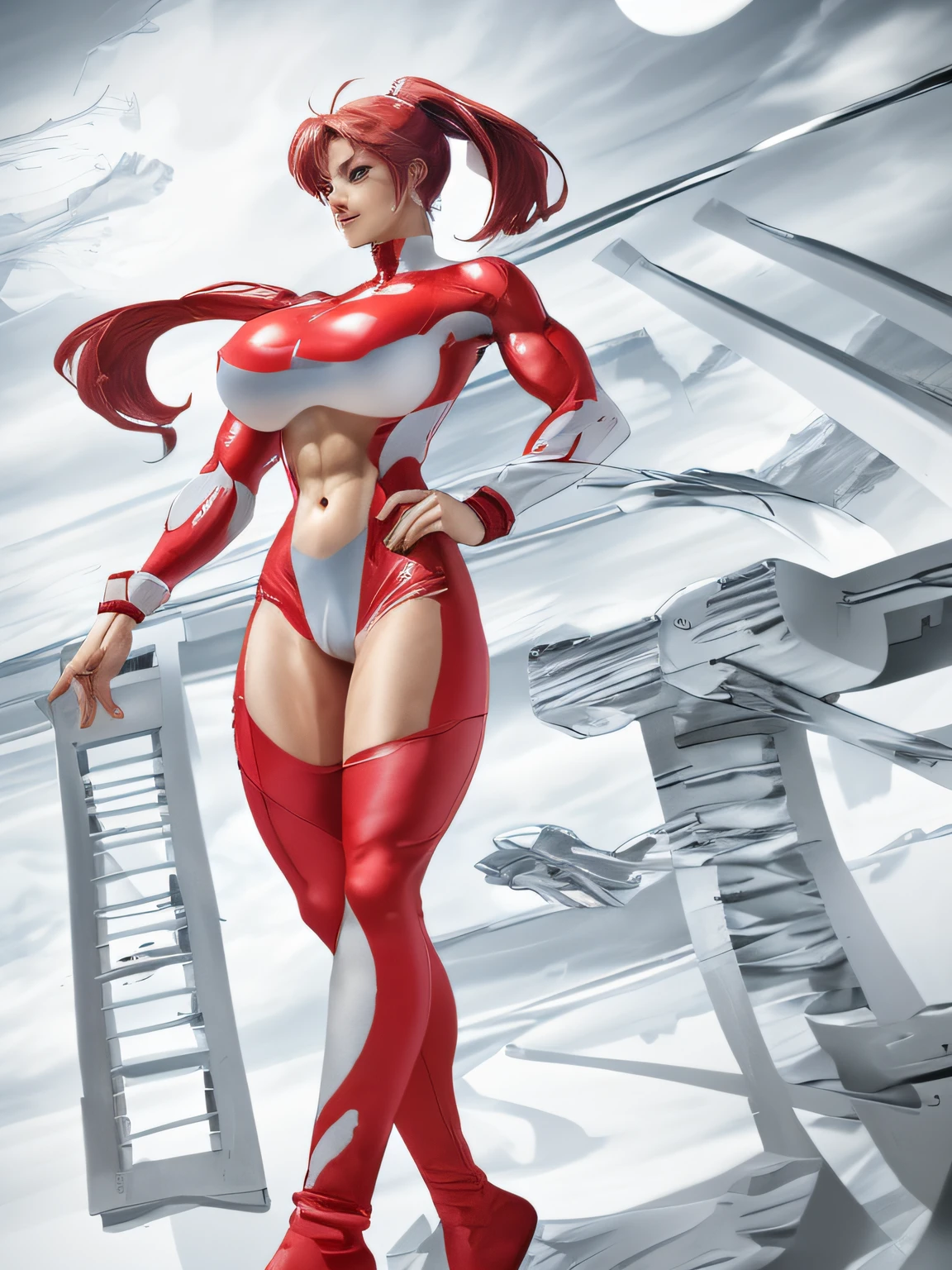 resplendent smile、1 Female Fitness Model、Huge chest on the verge of bursting、thin and long legs、abdominals、musculature、racing suit、Half Japan and half American.、25-years old、Height 175cm、Good at sports、blue eyes、Red hair、Pony tail、glistning skin、blue eyes、Pose ready to fight、full-body view