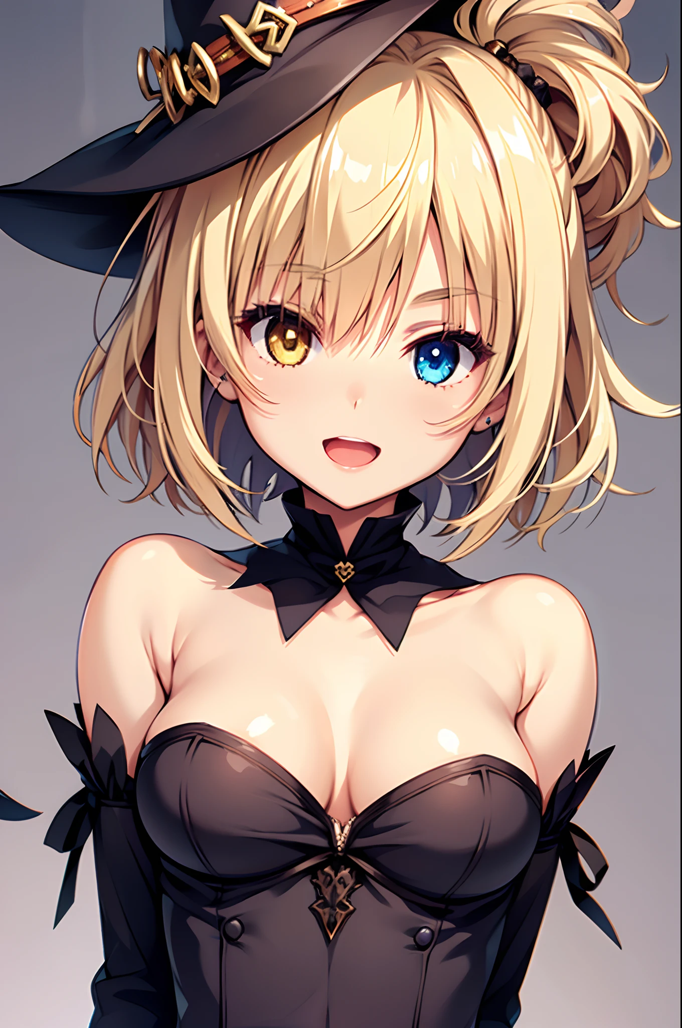 tiny girl,Colossal tits,High laughter,short blonde hair,the witch,magical little girl,hair adornments,Heterochromia,Top image quality,Best Quality