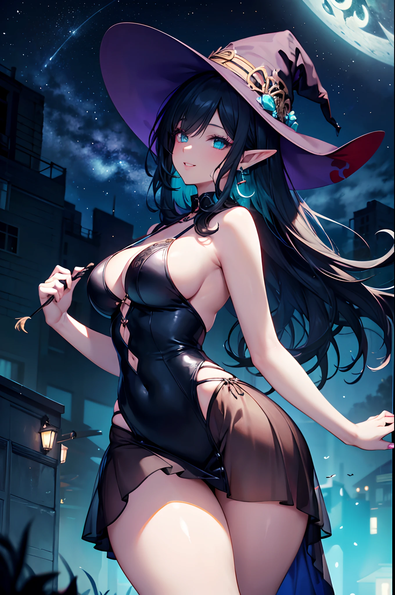 Realistic and detailed image of an elf. dressed as a witch in a mini-skirt. Unusually shiny long silky black hair. turquoise eyes. She has earrings and long eyelashes. She has full lips. Large breasts, slim waist, very wide hips and thick thighs. Smiling. Arched back. Flying. Day of the Dead Festival. Dark environment. Starry night.