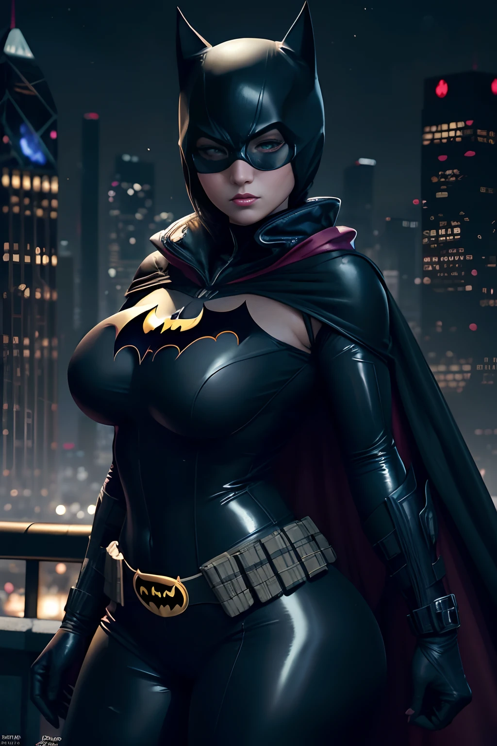 batman cosplaying in a black latex suit and cape, batgirl, anigirl batman, nighttime in gotham city, thicc, cosplay on black harley queen, cat woman, selina, fat batman, cassandra cain in satin, gotham city style, ross tran 8 k, catwoman, batman, full-cosplay, batwoman, maika monroe batgirl, cassandra cain, full costume