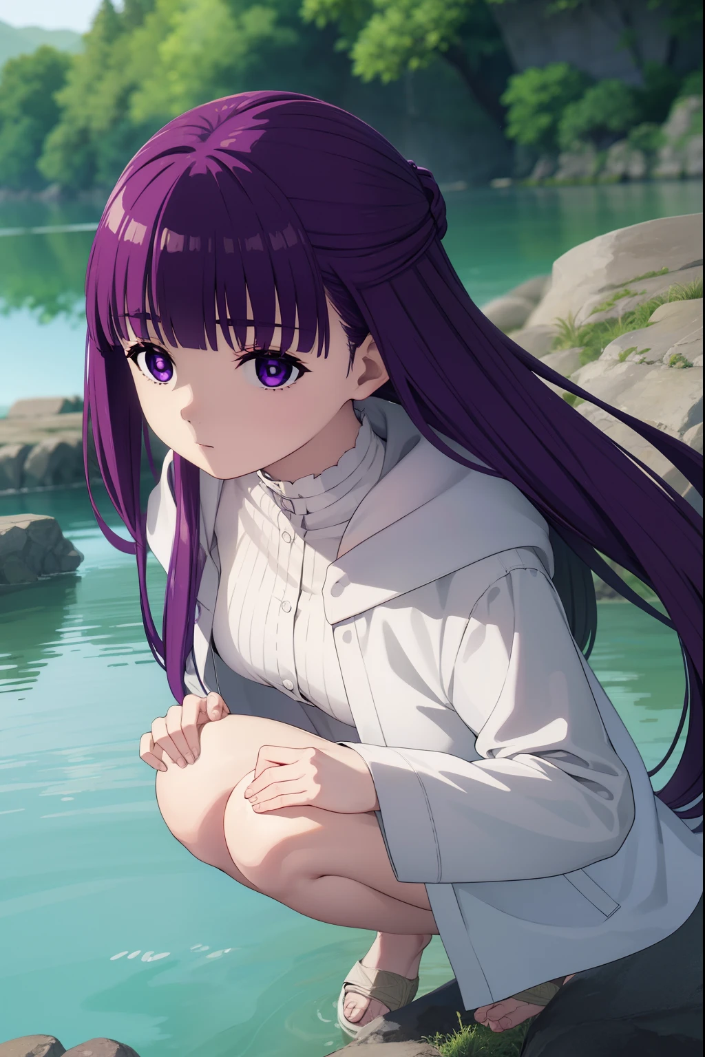 fern, fern, long hair, bangs, (purple eyes:1.1), purple hair, sidelocks, blunt bangs, bright pupils, half updo,
BREAK shirt, dress, jacket, white shirt, open clothes, hood, white dress, hood down,
BREAK looking at viewer, upper body, (full body:1.2),
BREAK outdoors, sky, nature,
BREAK (masterpiece:1.2), best quality, high resolution, unity 8k wallpaper, (illustration:0.8), (beautiful detailed eyes:1.6), extremely detailed face, perfect lighting, extremely detailed CG, (perfect hands, perfect anatomy), (floating over a lake2.0)