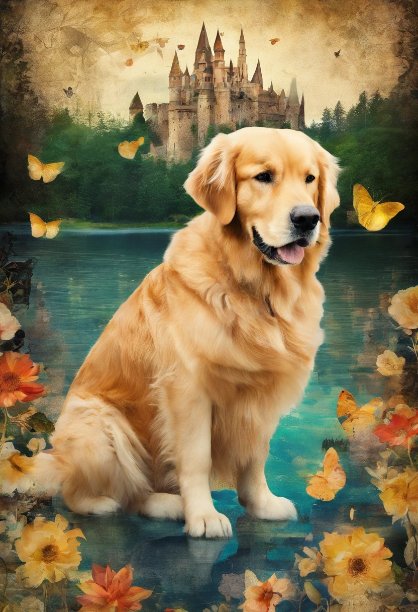 Raise a Golden Retriever dog in the enchanted world with lake and castle, In the standard size of the YouTube video.