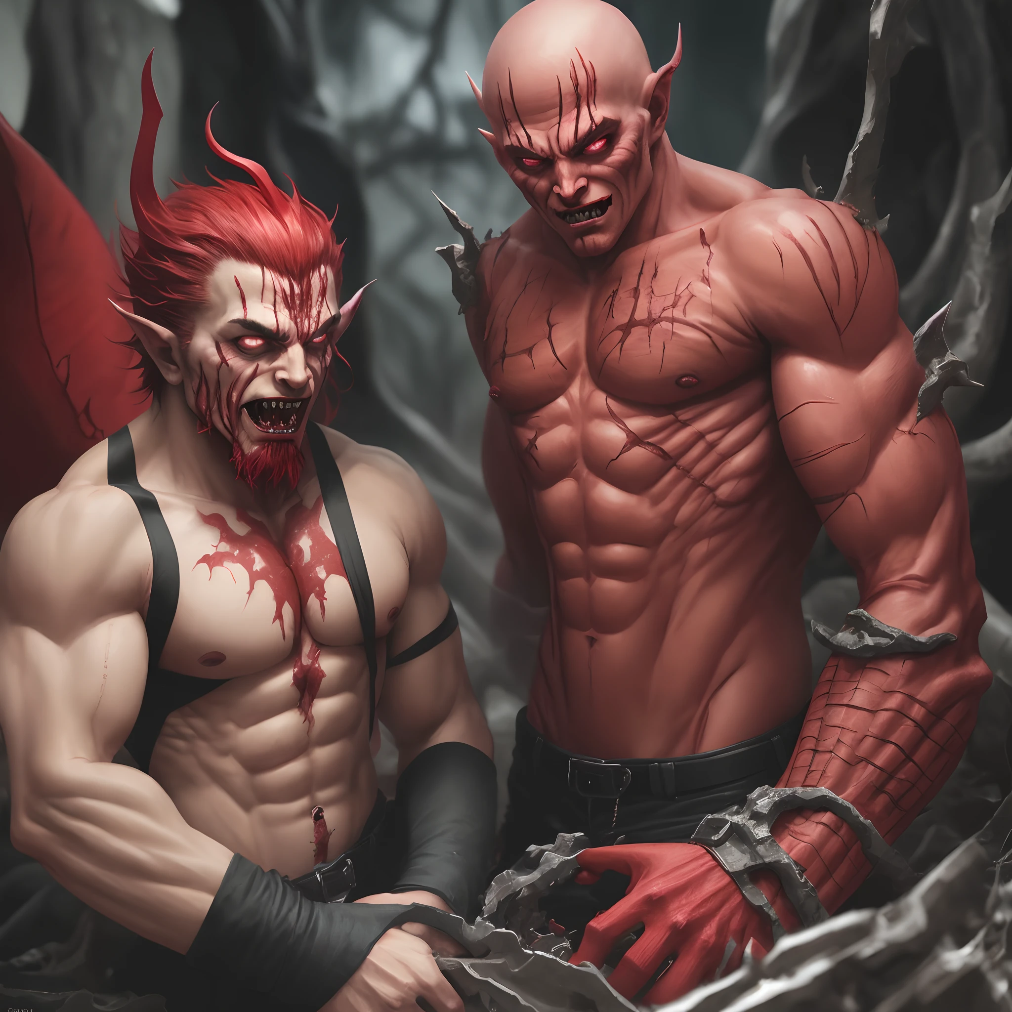 Red 2 inch demon man being split in half