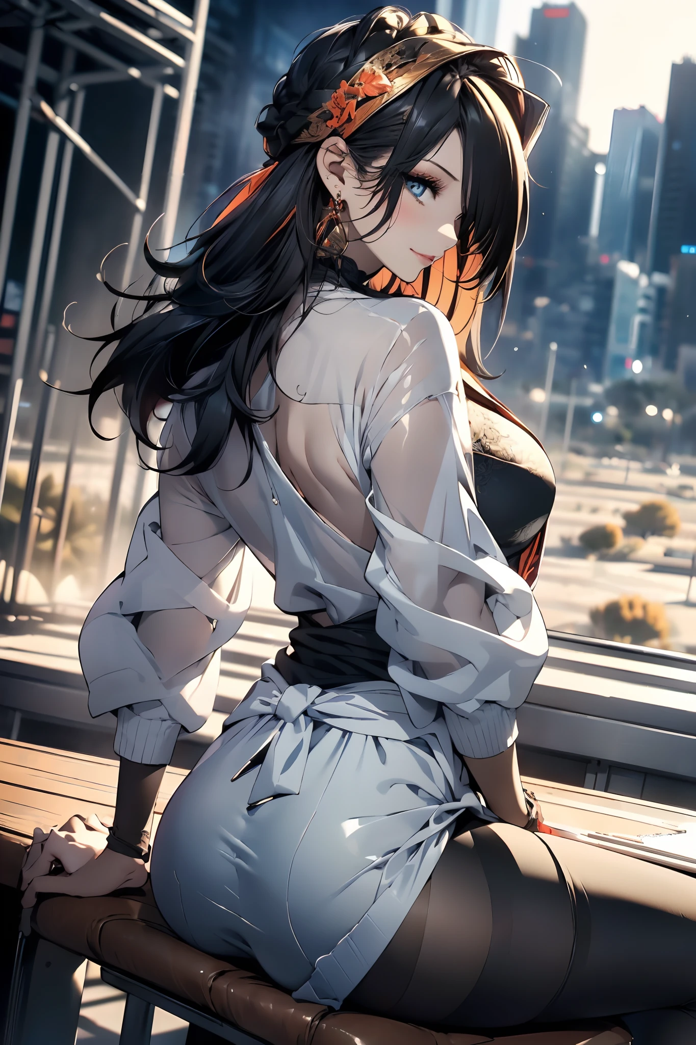 a matured woman with long black hair and a white outfit, (in a desert:1.5), (resting in oasis:1.2, in front of lakeside:1.2, cross-legged:1.1), Arabic, (Post apocalyptic:1.0), from arknights, artwork in the style of guweiz, bodyesbian, fine details. girls frontline, beautiful anime illustration, from girls frontline, by Yang J, stunning, 26 years old, (solo:1.5), (sfw:1.25), sagging breast, large breasts, big tits, thin waist, big ass, Raised sexy, (dark mahogany medium short hair, updo, hair over one eye, asymmetric hair, Carly hair, low tied),(musulman, white Headscarfs, hair bands, head vandage, Turban), (ultra high resolution, 8K RAW photo, photo realistics, weak outline:1.3, clear focus), best qualtiy, natural lighting, blurry back ground, field depth, (Bright pupils, detailed beautiful eyes, high detailed face), Red lip, looking at viewers, (crotch focus:1.2, from above), sexy posing, seductive weak smiling, center image, (wearing white long jacket and clothes, wearing white robes, platinum ornaments, white clothes rolling around waist, camel-brown long leather boots, translucent lace pantyhose), ((correct anatomy:1.5)), ((outdoor:1.2)),