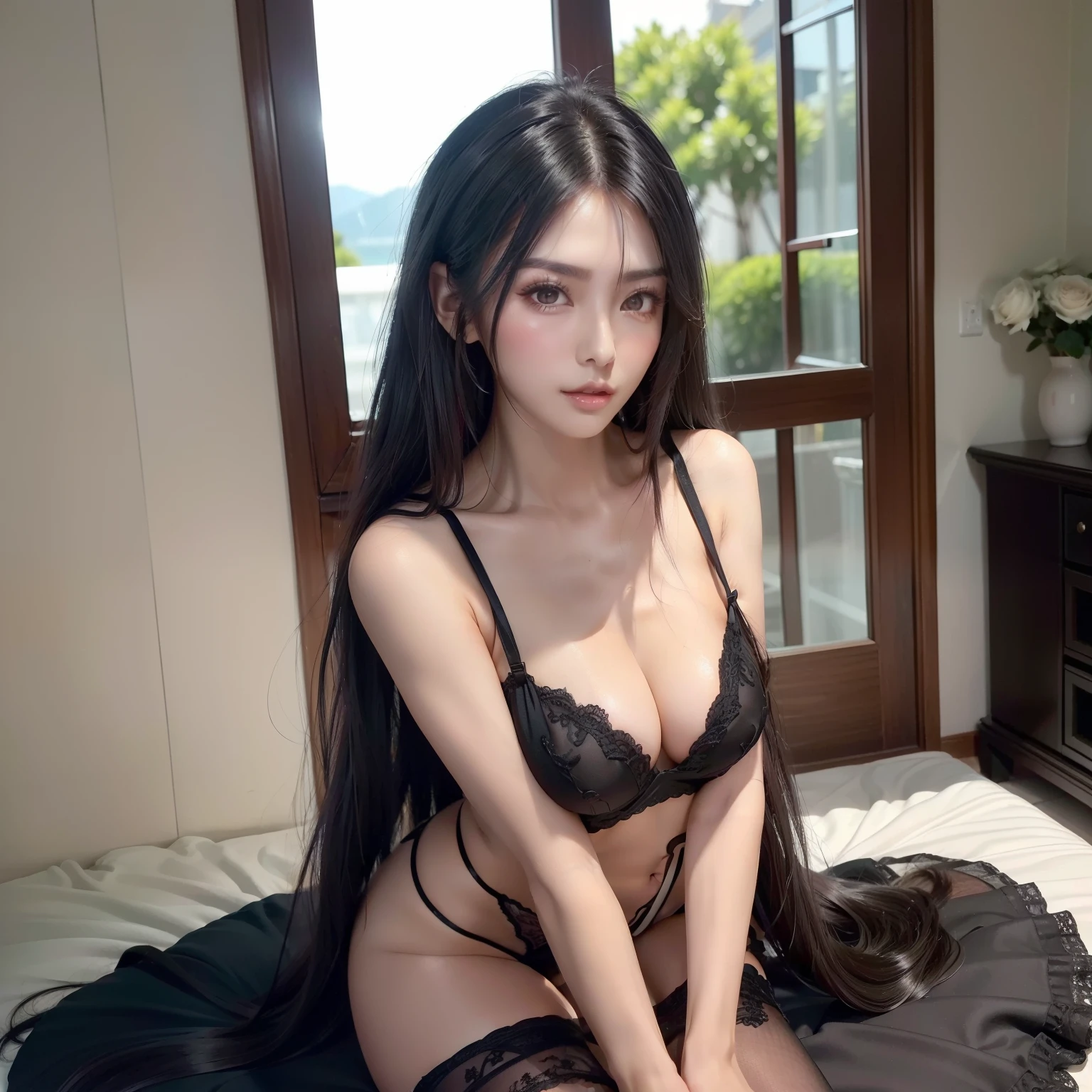 (Top image quality、top-quality、Top resolution、hyper realistic photography、Full body photo、​masterpiece、16ｋ、）1girl in、Surprisingly long black hair is super beautiful、hair length about 3 meters、White underwear or naked、Hide the whole body with straight black hair、Very beautiful face、well-groomed beautiful black hair、very large amount of hair、Ultra-long black hair with an emphasis on sex appeal as a woman、slim figure、Lustrous beautiful hair、Bright lighting、profetional lighting、Winner of the World Long Hair Contest、Full body real photo、Head-to-toe photo、Photo taken from about 4 meters away、Super Real、Two hands、2 legs、The longest black hair in the world、Hair is heavy and tired、Hair longer than Rapunzel、very large amount of hair、I hide my whole body with very long black hair、Hair that is shampooed every day is very clean、Hair smells of roses、Very long black hair is my sex appeal、Very long black hair is my charm、Long black hair is a symbol of beauty、My pride is very long black hair、This long hair length and amount is admired all over the world、My very long black hair is spread out in a fan shape、Facing backwards、Sleeping face down、Silky black hair flowing from the shoulders to the floor、Ridiculously large amount of hair、The hair is ridiculously bushy、Wrap the entire bed in hair、Hide your hands with long hair、Hide your fingers with long hair、