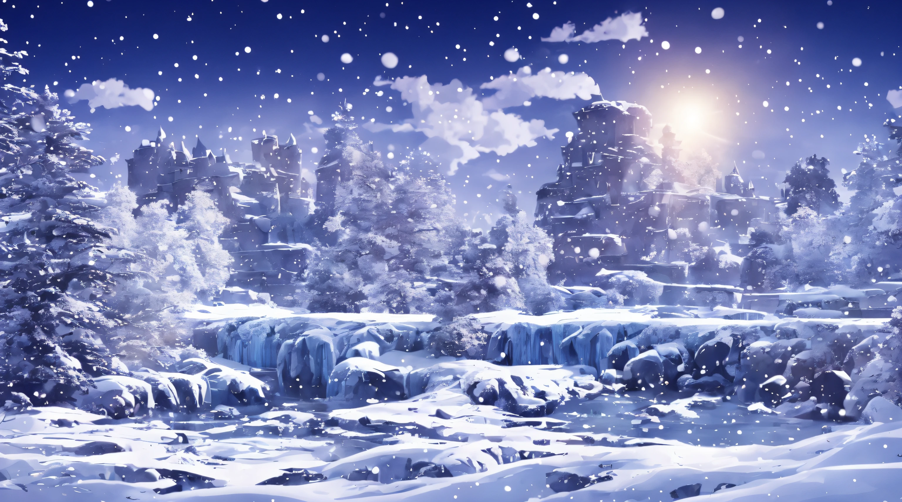 backgound only, vision of soil with solid ice rocks, winter trees winter vegetation on ground, distant very small village with a king looking to the camera inside a medium castle background with blue sky with few clouds anime style