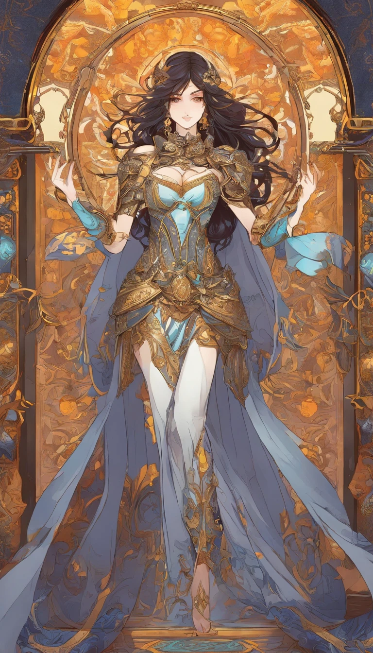 NSFW, 1人の女の子, cabello negro, ojos amarillos, Pelo muy largo y suelto, Pale skin, Cuerpo en forma, cuerpo delgado, cintura delgada, smal boobs, vivid colors, Armadura detallada, Engraved metal armor, Intricate designs on the armor, Intrincados grabados de armaduras, Postura imponente y poderosa, feroz , dynamic pose, Intensa escena de batalla, fantasy setting, colores vibrantes, dramatic illumination, Epic atmosphere, Mythical creatures in the background, Magical Effects Surrounding the Sword, Attention to anatomy and facial features, Iconic use of light and shadow, Capturing the emotion, masterful composition, Interpretando personajes femeninos fuertes.