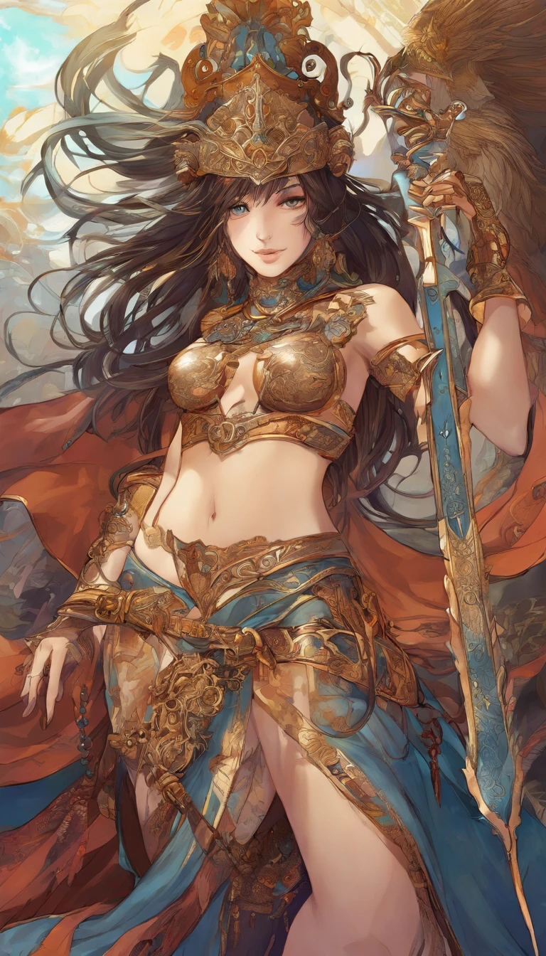 NSFW, 1人の女の子, cabello negro, ojos amarillos, Pelo muy largo y suelto, Pale skin, Cuerpo en forma, cuerpo delgado, cintura delgada, smal boobs, vivid colors, Armadura detallada, Engraved metal armor, Intricate designs on the armor, Intrincados grabados de armaduras, Postura imponente y poderosa, feroz , dynamic  pose, Intensa escena de batalla, fantasy setting, colores vibrantes, dramatic illumination, Epic atmosphere, Mythical creatures in the background, Magical Effects Surrounding the Sword, Attention to anatomy and facial features, Iconic use of light and shadow, Capturing the emotion, masterful composition, Interpretando personajes femeninos fuertes.