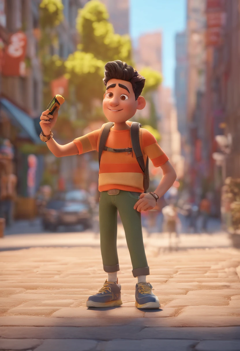 personagem Estilo Pixar. Characteristics: idade de , pele pardo, cabelo low fade crespo curto e enrolado, olhos castanho escuro, Ambiente: Sidewalk of a big city and with paparazes taking pictures.