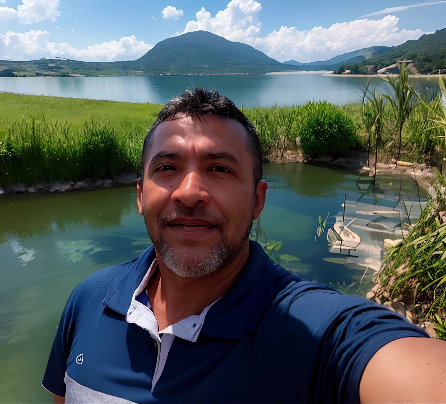 there is a man taking a selfie in front of a lake, , Homem de 4 0 anos, heroi,anime.realista