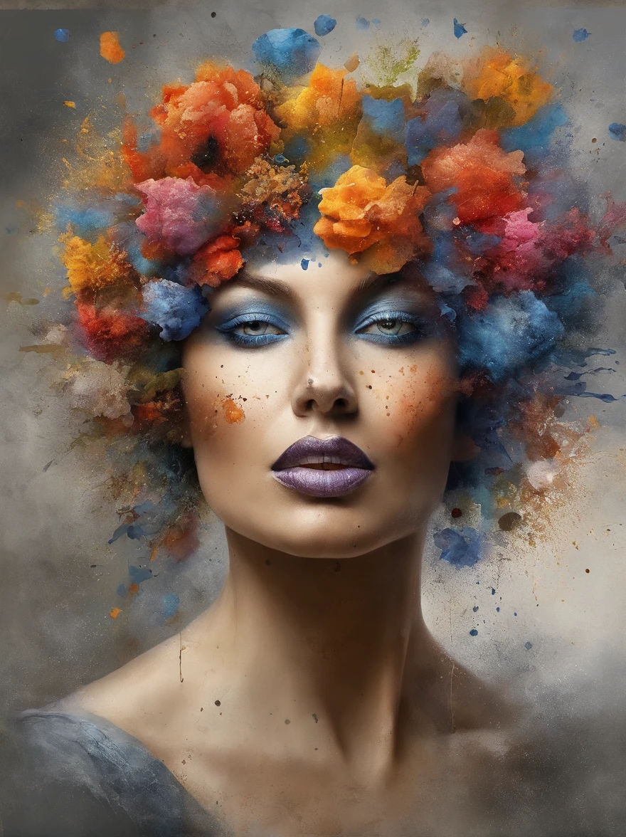 3D Puzzles , Beauty-Looks , Rothaarige, Explosiver Gefechtskopf, Maschinenteile, die in das Gesicht eingebettet sind, Transient, inspiriert von Igor Morski, Dramatisches Kunstwerk, Fotomanipulation, Foto-Manipulation, Zerfall,, Explosion von Datenfragmenten, Hm, Offizielle Kunst, Unglaublich hohe Details, Photoshop-Kunst, Rauscheffekt, dunkelblau